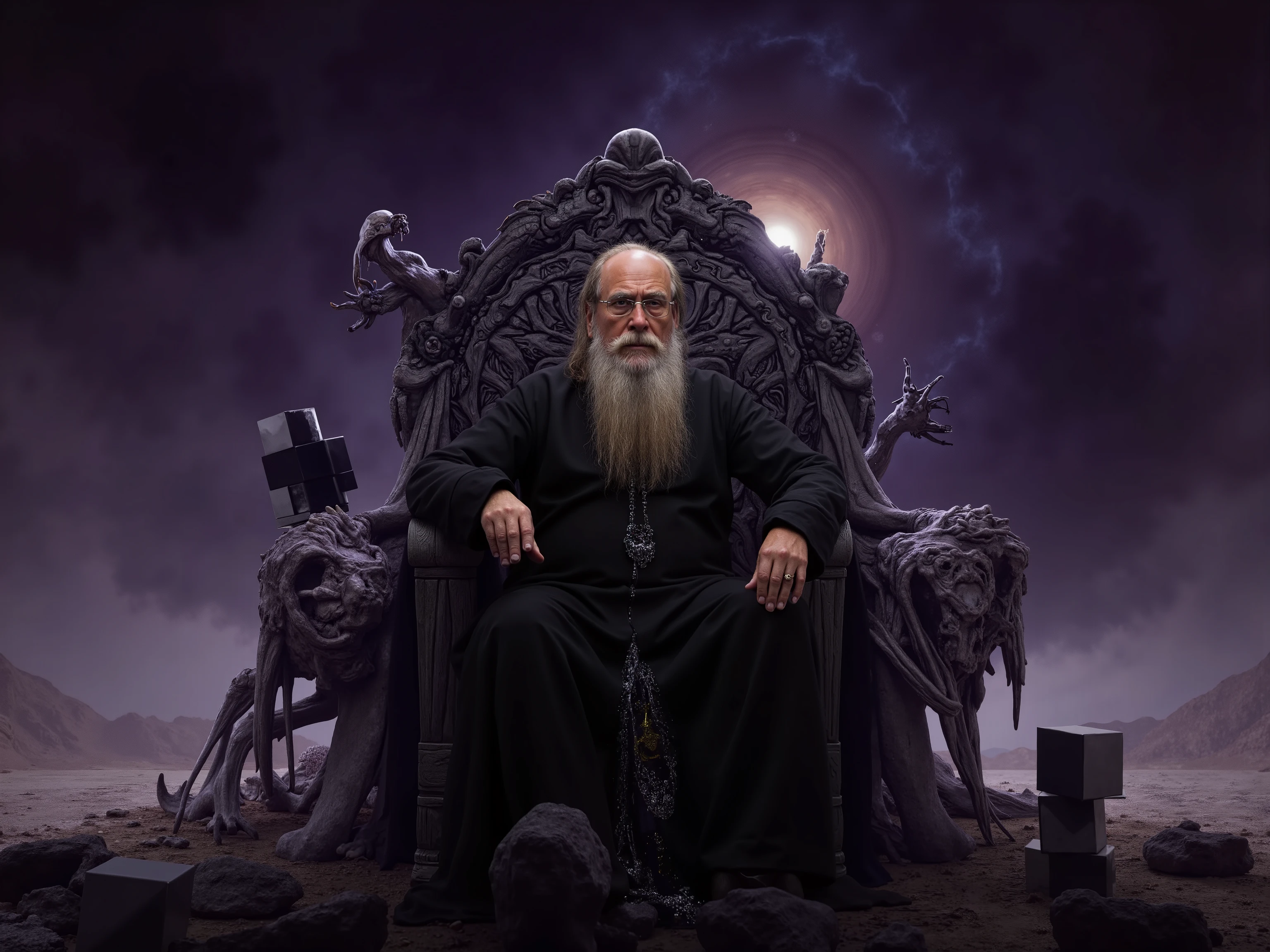 An old man seated on a throne of bones with Saturn's black cube
