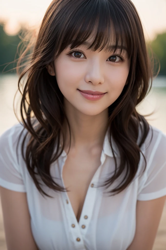 (8K, RAW photo, highest quality, masterpiece:1.2), (realistic, photo-realistic:1.37), super detailed, ultra high resolution,1 girl,looking at the viewer,short hair,beautiful detailed face,smile,narrow,(slim waist:1.3),white underwear, Beautiful and smooth skin, skin texture, floating hair,professional lighting,