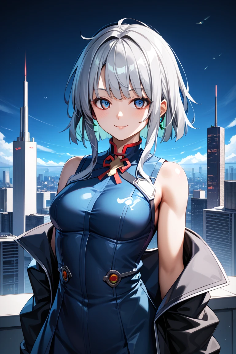 Best Quality, 8k, High resolution, high quality, masterpiece, Beautiful, (Anatomically correct:1.2), A beautiful woman, 20th Generation, Silky gray hair, Straight Long, long bangs that hide one eye, Red eyes, Beautiful Skin, Tall and toned body, pointy big breasts, Rider Suit, Scarf, Gun on your back, night, skyscraper, evil grin, (looking up), upper body,