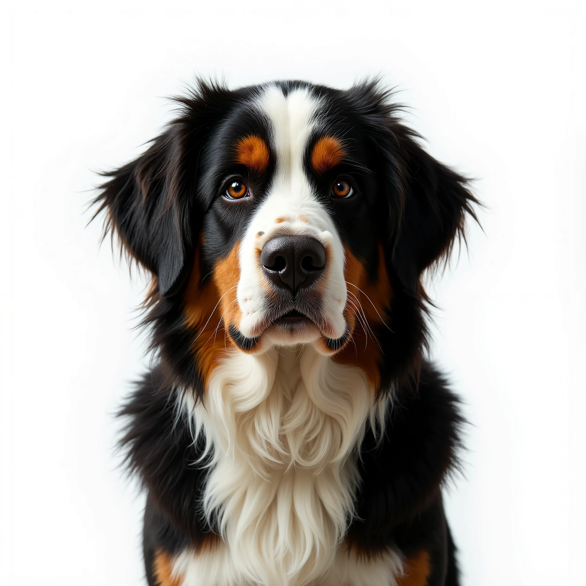 The Bernese Senenhund seems to be peeking out of the edge on a white background
