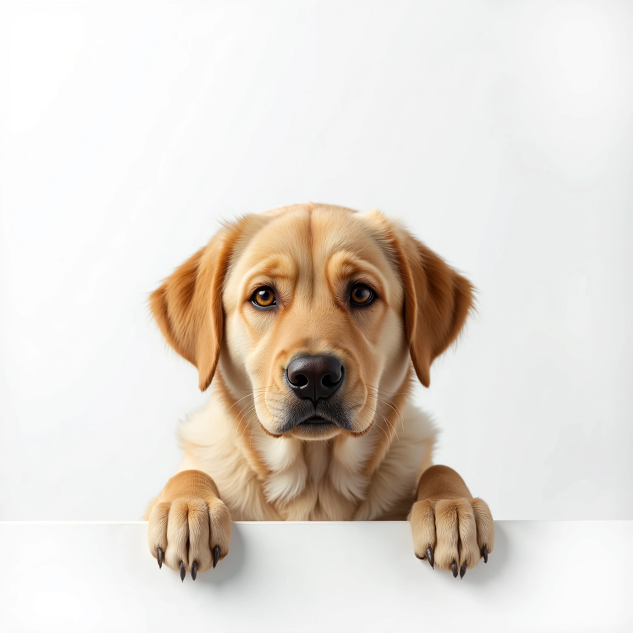 Labrador seems to be peeking out of the edge on a white background