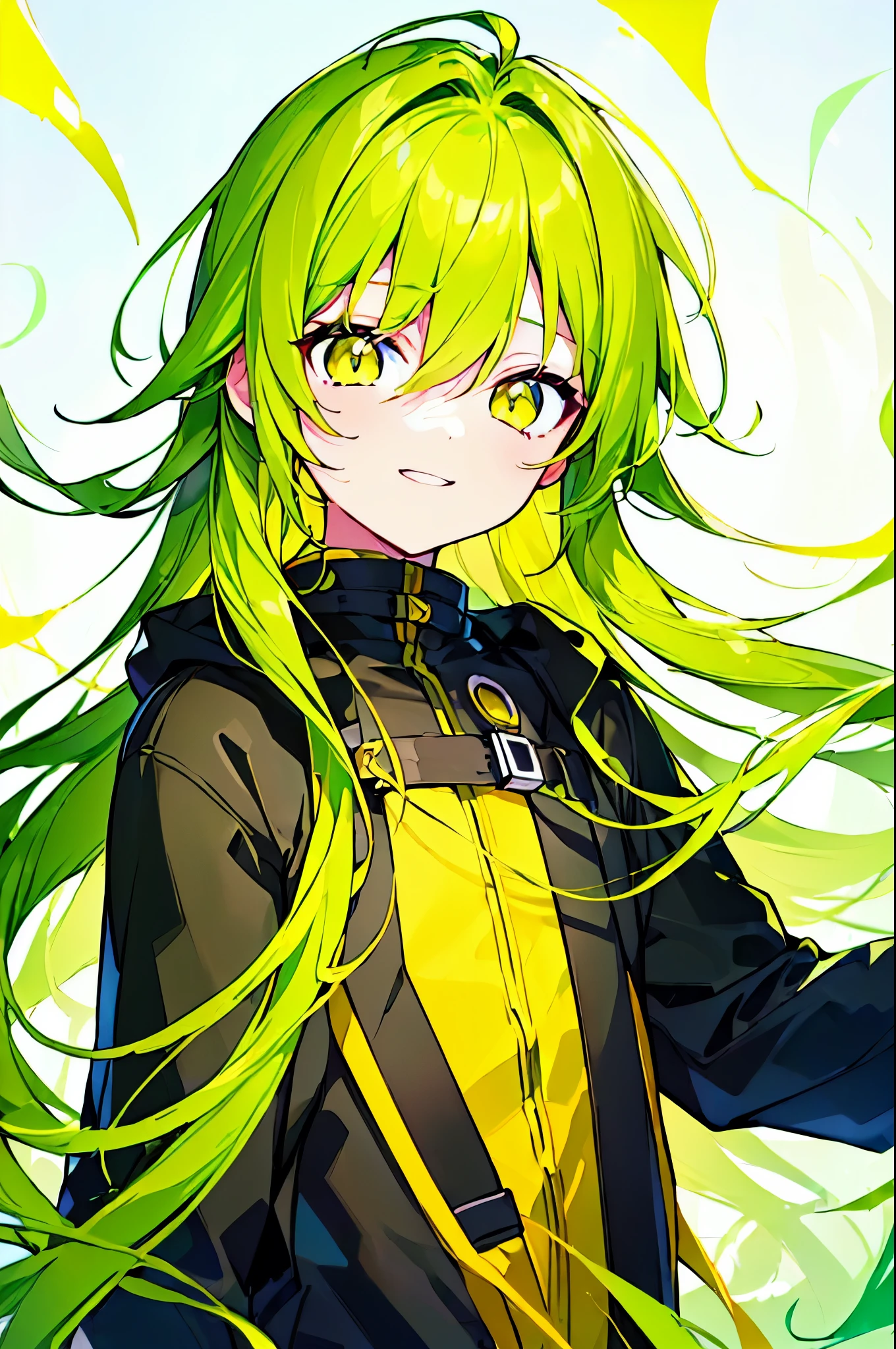 [(WHITE BACKGROUND:1.5),::5], ((((masterpiece)))), high quality, ultra_very_high_resolution, large_filesize, full color, (((solo))), ((little boy)), ((yellow-Green color long hair)), yellow-green eyes, light smile, anime, (upper body), neon light, black parka,