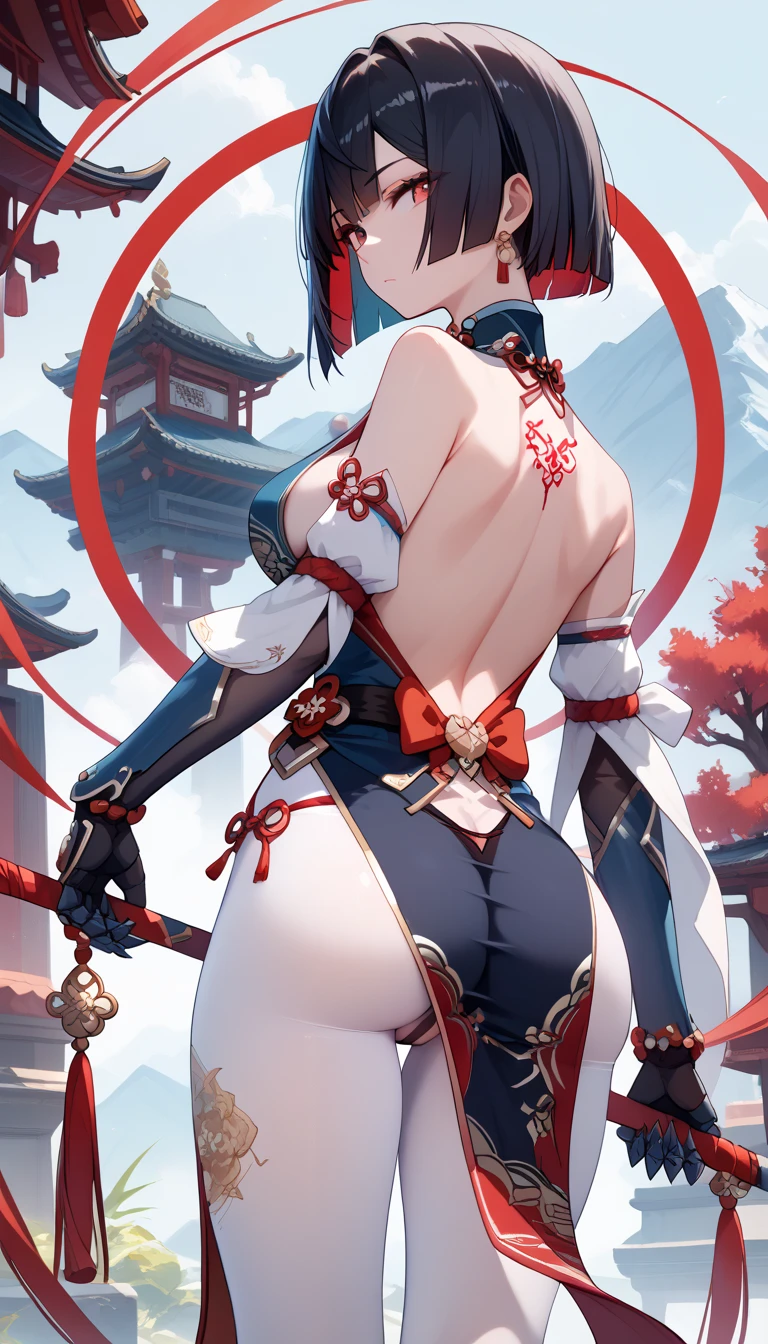 master-piece,hyper quality, hyper detailed,perfect drawing,CG,3D,8k,illustration,beautiful face girl,one beautiful girl, samurai costume, black hair, ponytail, big red ribbon, kimono, obi sword, tachi, wakizashi, double point, hakama, Japan armor, hanging eyes but cute, dignifiedCute expression, cute smile, hand on sword handle, round cute buttocks, looking back with a smile, butt sticking out pose, 3 sizes B90W60H95, moonlight leaking through the clouds, old castle, ruins, gradient sky,Beautiful girl in a loincloth Japanese outfit Lower body bare Rich breasts Back appearance Cute Well-formed face big Buttocks Looking back with a cute smile Three sizes B95W60H90 master-piece,hyper quality, hyper detailed,perfect drawing,CG,3D,8k,illustration, high kick,
