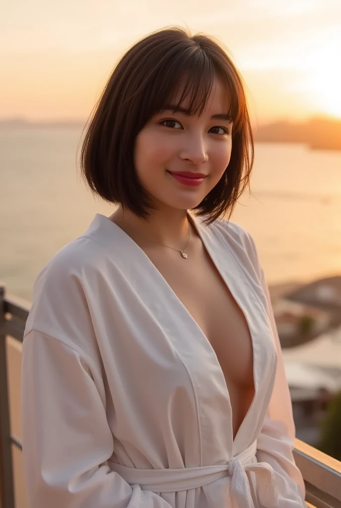 While sitting, wearing a yukata, holding a flash firework facing downwards, I stare at the fireworks.,Chest visible from yukata,slender body,Big eyes,small face,full body portrait,live action,smile,perfect beauty,High resolution.photograph,8K,最High resolution,beautiful japanese,middle-aged women(1 girl), medium breasts, white skin, Wavy brown hair,bob cut,topless,More realistic,shiny skin,Uninhabited island at night,Spotlight,hands are dynamic