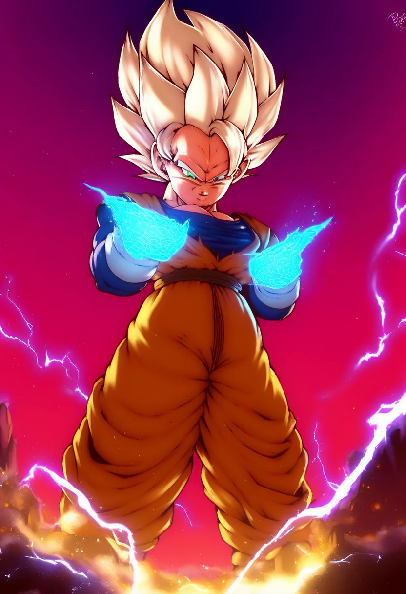 (Eine detaillierte Zeichnung von goku, Bodybuilding-Fitnessstudio.),Anime Bild, With bare upper body, tearing clothes, the strongest of all, huge muscular body, Big Bizeps, large shoulders, Muskelbeine,Abs, Barefoot, Kampfkunst, Kick with foot, Full body image, Rear view, seitliche Brust, knirschen, beserk, Barefoot, sole of the foot , Zehen, Anime stil