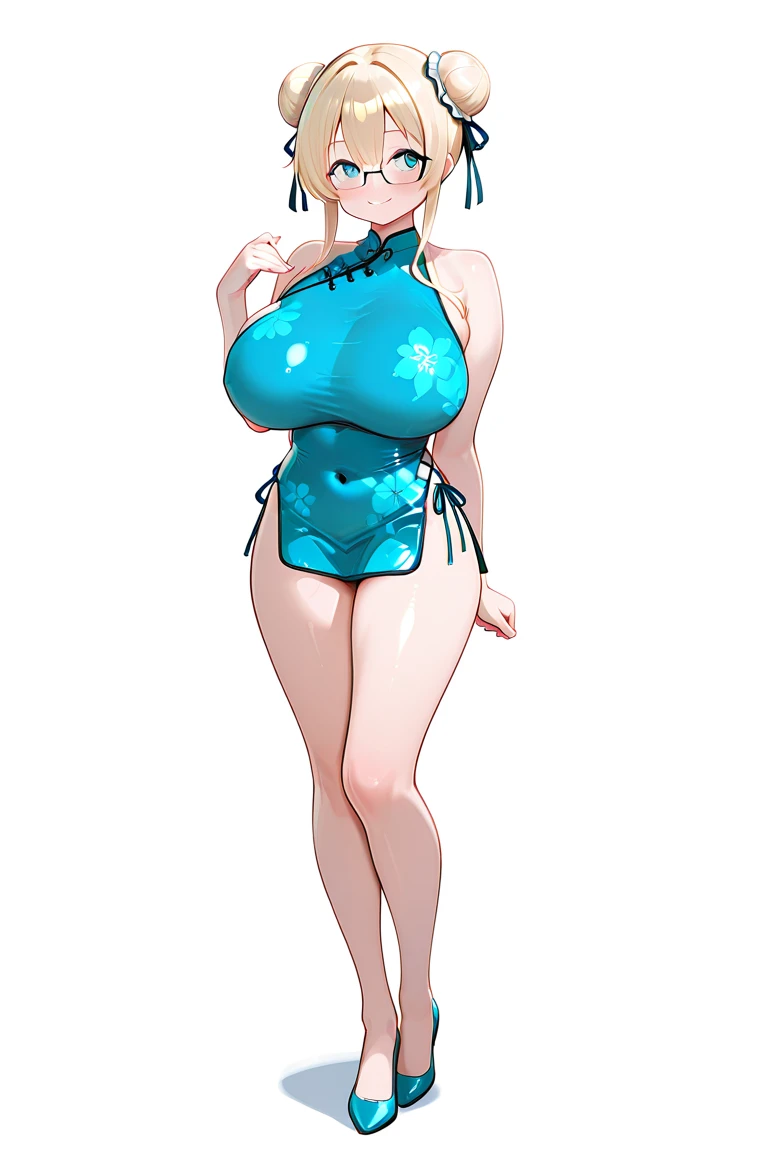 Fat girl, obese girl , with short light blue hair in a ponytail, with small yellow round earrings in her ears, with light blue eyes and red lipstick, with red eyeliner,with big breasts, With a big butt And in a bathing suit