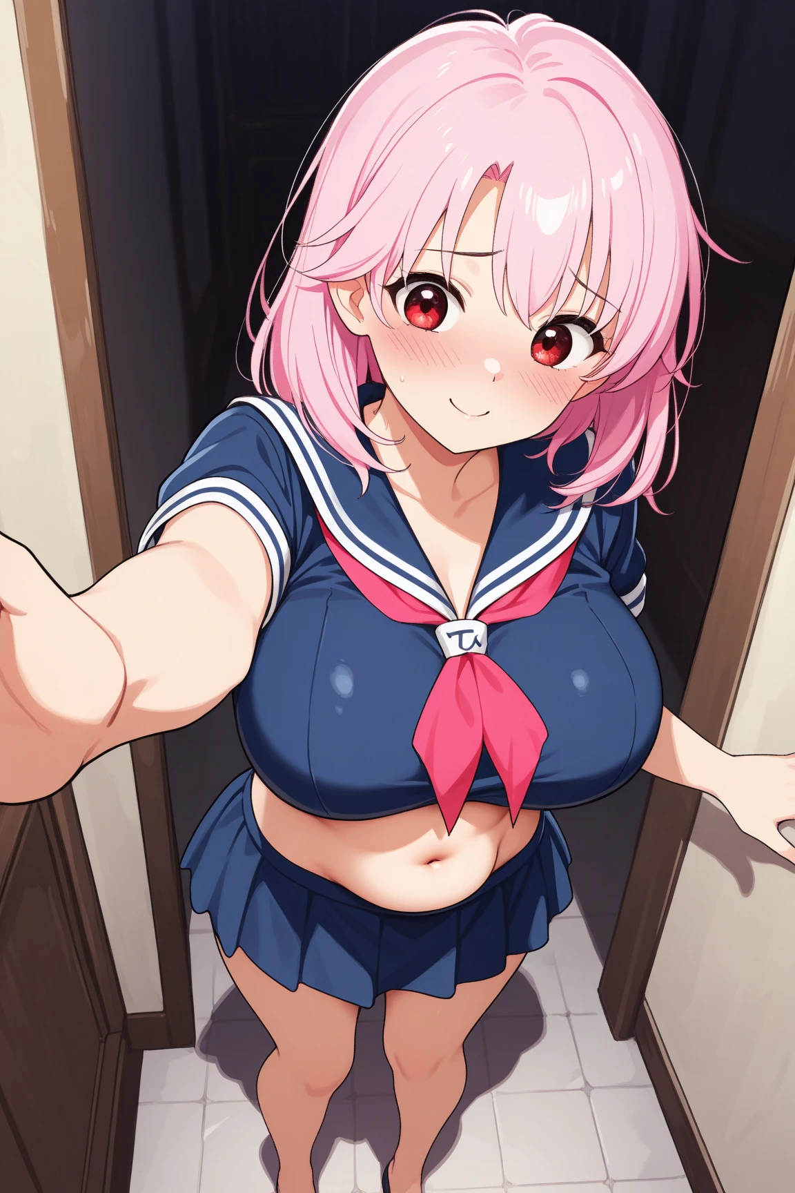 (( close、16k、highest quality、Attention to detail、Rich skin detail, Chubby))、(Wide ass)、penis awe, surprised,smelling,1boy, penis,spoken blush,spoken question mark,spoken exclamation mark,spoken heart、((((nsfw、Swollen nipples、Small breasts))))、((Light blue striped panties、Skirt Lift)),(shout、Orange eyes)、((Wavy Hair、Short Hair、Ahoge))、((Pink Hair))、(Beautiful Eyes)、((Sweat、Wet))、 ((blush))、(Thick thighs)、((((surprised、Embarrassing))))、Are crying、((Inside the train))