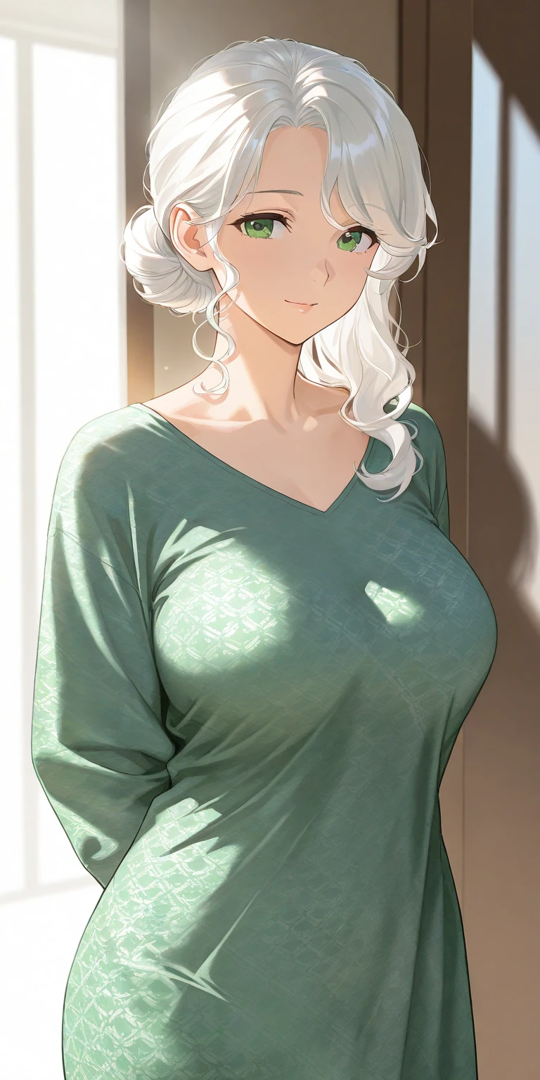 (hero neisan art style:0.7), (asura art style:0.7), score_9, score_8_up, score_7_up, score_6_up, score_5_up, score_4_up, uncensored, KJOcattleya, black hair, purple eyes, long hair, parted bangs, lips, BREAK (masterpiece:1.2), best quality, high resolution, (detailed eyes:1.3), perfect lighting, (perfect hands, perfect anatomy), large breasts, 1girl, solo, thighhighs, breasts, panties, underwear, jewelry, green panties, looking at viewer, white thighhighs, see-through, earrings, blush, choker, parted lips, shirt, thigh gap, collarbone, green shirt, simple background, necklace, large breasts, artist name, cowboy shot, ass visible through thighs, long sleeves, thighs, standing, white background, mole under eye, covered navel