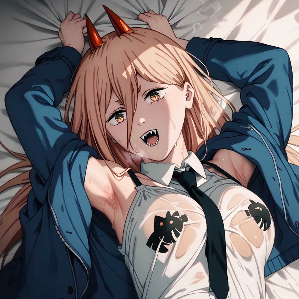 Sex, hooligan, waist, legsupms, buttocks, pectorals, on back, (Body Full 1.1), lying on his back, Camera from above, Frame from above, lying on the bed, the night, Lights, looks at the viewer, ssmile, grin, criminal, laughting, shirt unbuttoned, handsome body(Perfect Anatomy 1.1), medium chest size, bare breasts, madwoman, vulgar, Erotica, half naked, beautiful breasts, waist, bare buttocks, sexy body, hight resolution, 1girl, 独奏, hairlong, blonde woman, dangerous,vivid eyes,Yellow eyes, Odin, Mesmerizing eyes,Confident,superior, naughty, (power \(chainsaw man\),), red horns, Energy from a chainsaw, Red horns on the head, Cool anime 8K, Clean and detailed anime art, 4K Manga Wallpapers, Подробный портрет Anime Girl, Anime 4K Style, Anime Art Wallpapers 4K, Anime Art Wallpaper 4K Masterpiece, Gorgeous, Best Quality,