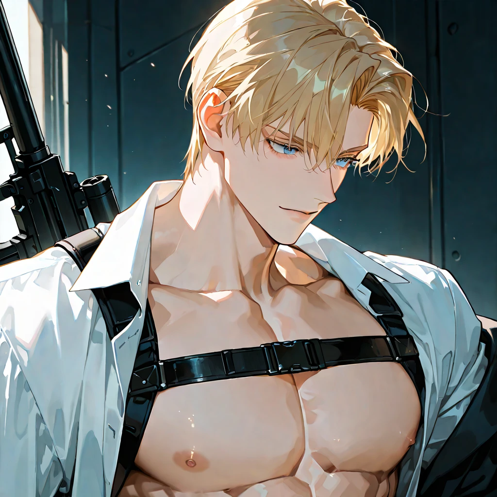 absurdres, highres, ultra detailed, HDR, master piece, best quality, perfect face, beautiful eyes, Quincy, blonde hair, undercut hair, expressive amber eyes, Nu Carnival, solo,  man, handsome, hornwd, prir, black collar, prisoner orange clothes, handcuffed, tattoo on the chest, left hand bandaged, showing the chest, dungeon, cell, petals, magical, fantasy
