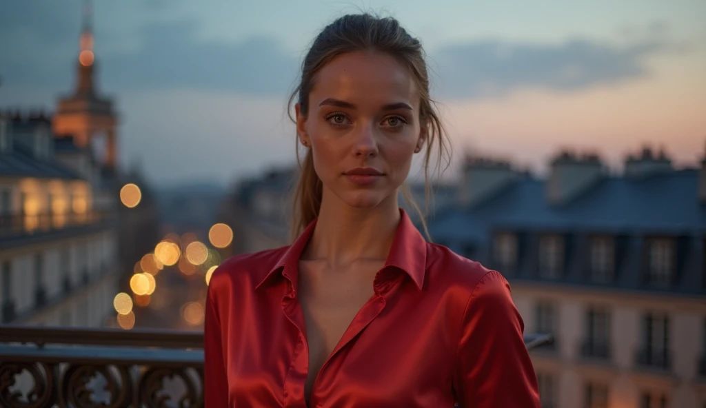 model , Pretty young sexy woman with bright red tousled hair, a bit like Scarlett Johansson, juicy figure, big breasts. Wonderful big eyes and full lips., with a short satin dress, flying in the wind, on the balcony overlooking Paris at night. ((photorealestic)) (HDR)