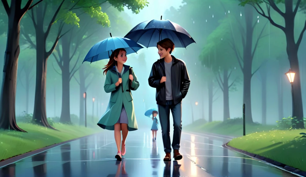 An art for a book cover, One with fair skin, medium length brown hair, light wash denim skirt, blue sweatshirt and white sneakers, and a man wearing formal clothes (Suit) black haired and fair skinned, they are leaving a diner, It's raining and they are running and smiling. Ele está cobrindo ela com a parte de cima de seu Suit, so she doesn't get wet. Both are North American. It's raining heavily and they are running. It's night and they're laughing. Remember it's an animation. She is wearing a skirt, he is covering her. enlarge this image. it's an animation