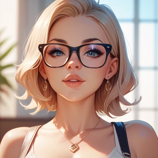 Create a blonde girl with blue eyes and glasses,bob hair nose piercing with a blouse undone in the front