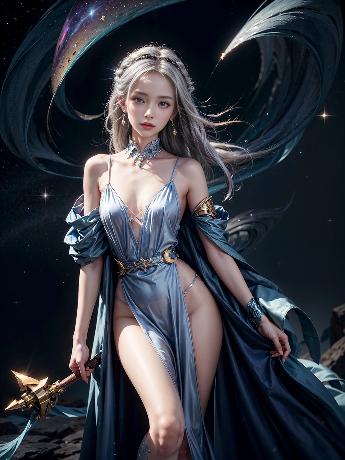 a beautiful woman with celestial features, flawless pale skin, piercing blue eyes, flowing golden hair, delicate facial features, ethereal expression, elegant pose, ornate celestial crown, glowing aura, dramatic lighting, fantasy landscape background, trending on artstation, 8k, high quality, hyper realistic, detailed, photorealistic