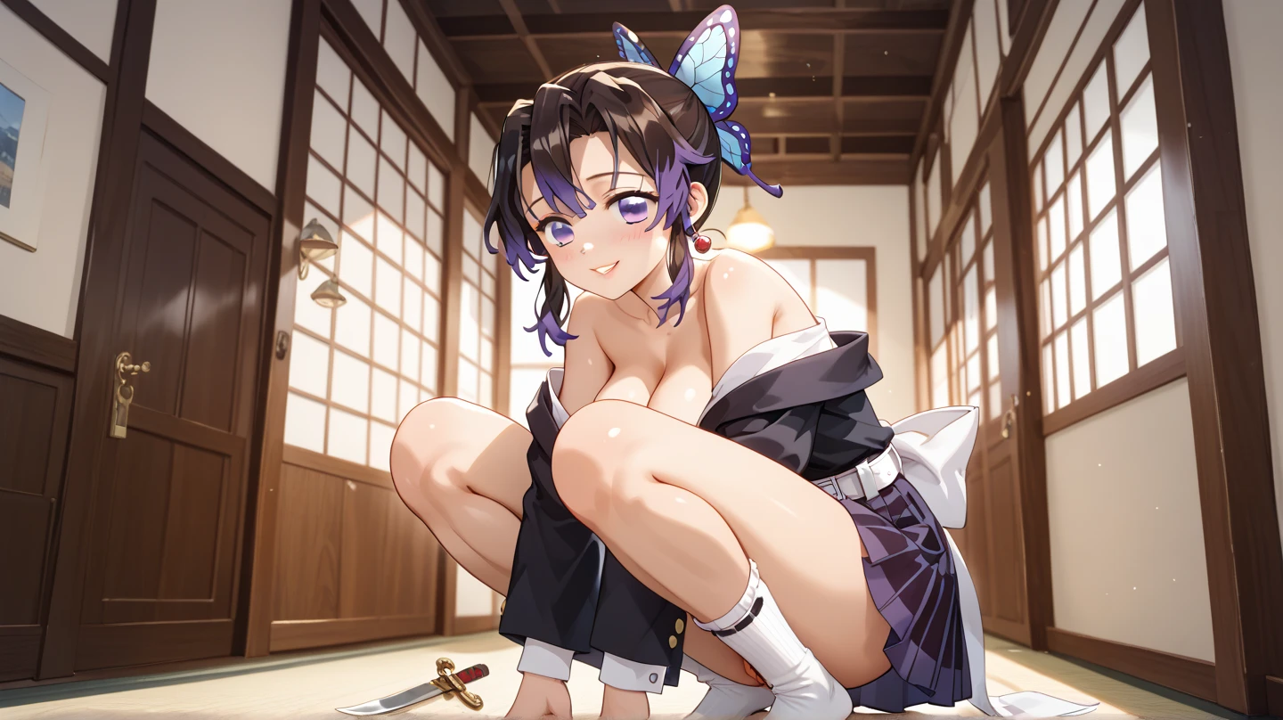 (master piece:1.2), (Best Quality), (ultra-detailliert), ((Very detailed)), 4K, (8K),(Top image quality:1.2)、独奏、Only Daughter、Shinobu Little Butterfly、Happy smile、black jacket,White shirt、faces、Realistic eyes、Lilac eyes、Wet face、A dark-haired、Taisho Era、 Spread your legs、from below、Lifting the skirt、 Super Miniskirt、 (Dynamic Pose:1.2)、Butterfly style,NSFW,Erect nipples ,show off groin,spread legs,wet pussy,spread pussy,(muscular legs:1.3),((Shibari, arms behind back:1.2,crotch rope:1.2)), ((rope restraint)),(sitting:1.2),(angry face,red blush:1.2),(no panties:1.3)