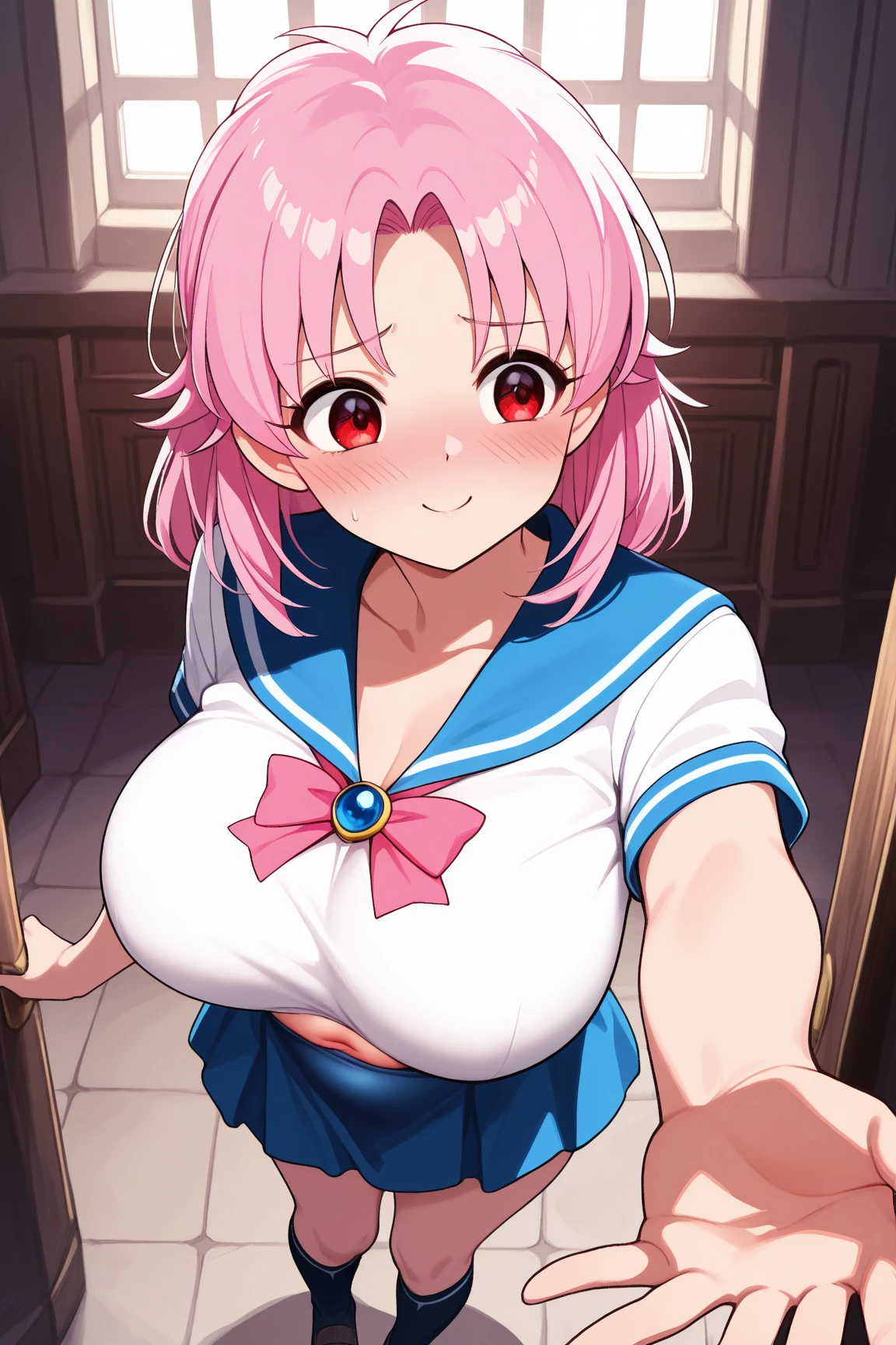 masterpiece, best quality, very aesthetic, absurdres,nsfw,1girl, solo,
, (oppai loli:0.7), (pink hair:1.3), asymmetrical bangs, (single_hair_bun:1.1), ahoge, BREAK
blonde eyes, pale skin, large breasts, light areolae,
from above, looking away, slingshot swimsuit, contrapposto, armpits, arms up, comp
white thighhighs, blush, expressionless, shiny skin,
indoors, locker room, easel, window blinds, curtains,