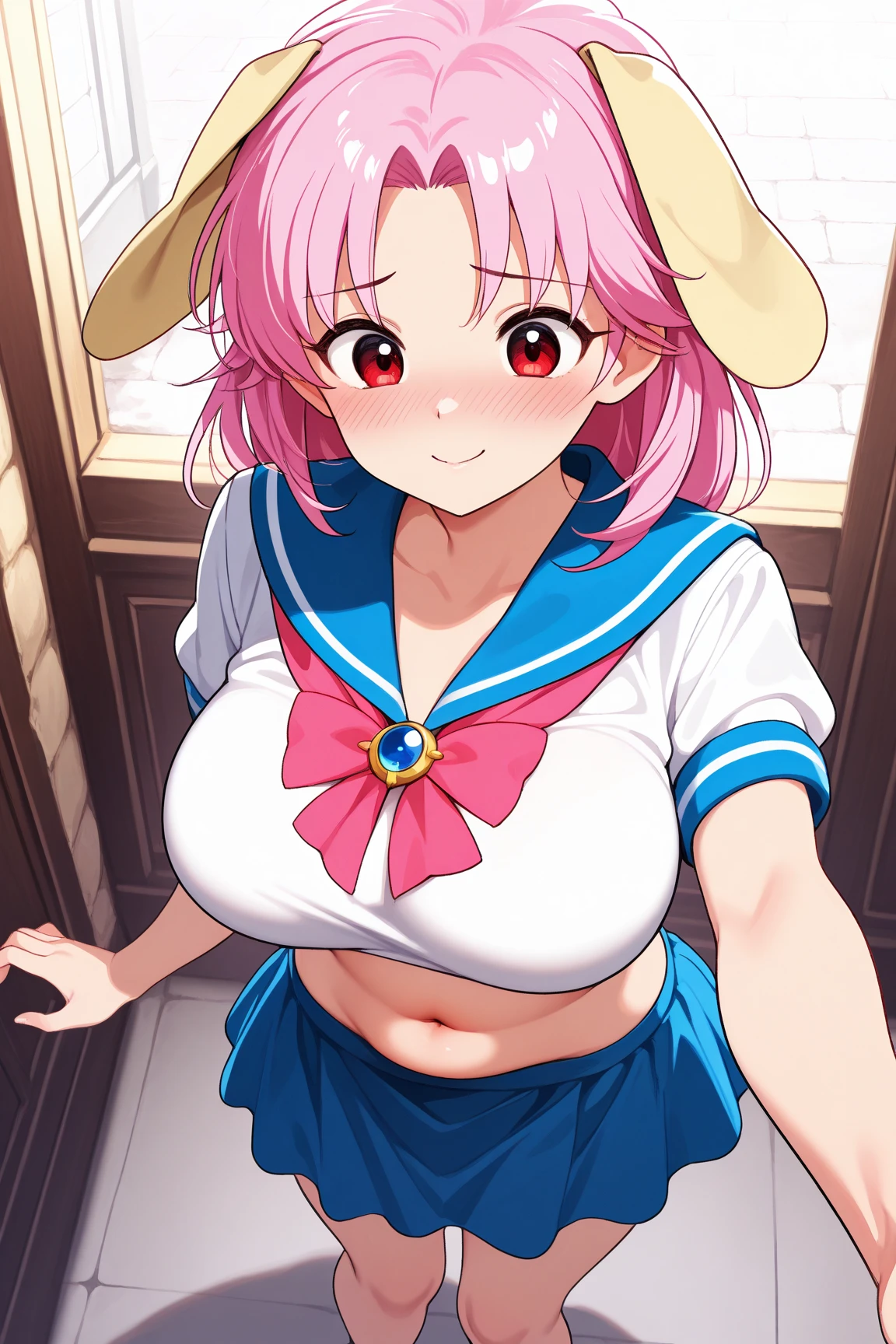 ((masutepiece, Best Quality, hight resolution, nffsw, Perfect Pixel, depth of fields, 4K, )), 1girl in, Solo, , Beautiful anime girl, Beautiful Art Style, close up, Looking at Viewer, Perfect body, Yuigahama Yui, Short hair, single hair bun, pink hair, (large boob), Full face blush, Smile, thighs thighs thighs thighs, navy playboy bunny, red bowtie, white background, side shot, Focus,