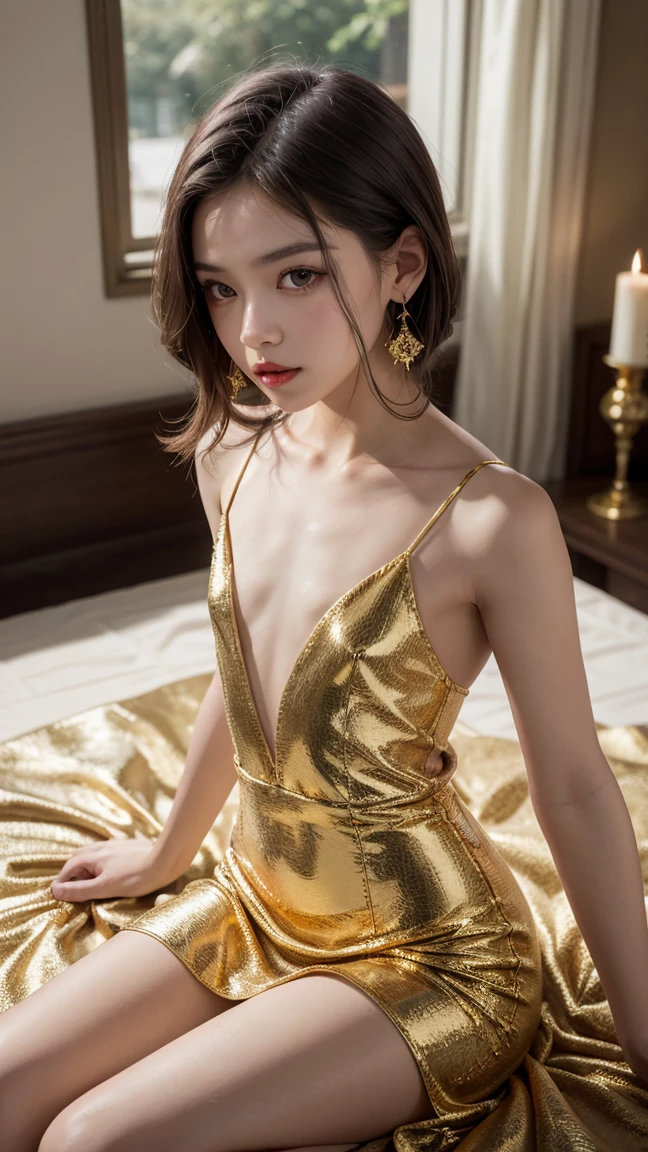 Love Buddha（woman）、Photorealistic。Like a heavenly maiden。
Wearing a golden robe、Filled with an aura of love。
A glittering tiara on her head、The expression is calm。