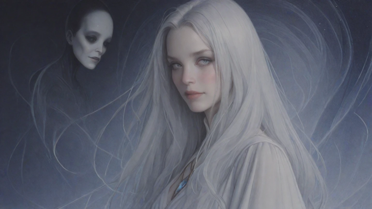 Generate an image of a creature with a spectral and ghostly appearance. Her skin is pale, almost translucent. His eyes shine with a bluish glow, and he wears dark, torn clothes that float around him, as if permeated by an aura of mourning. Its appearance is complemented by details such as chains, symbols of mourning, and gothic elements, further emphasizing its dark air. It is portrayed as a haunted and tormented entity.