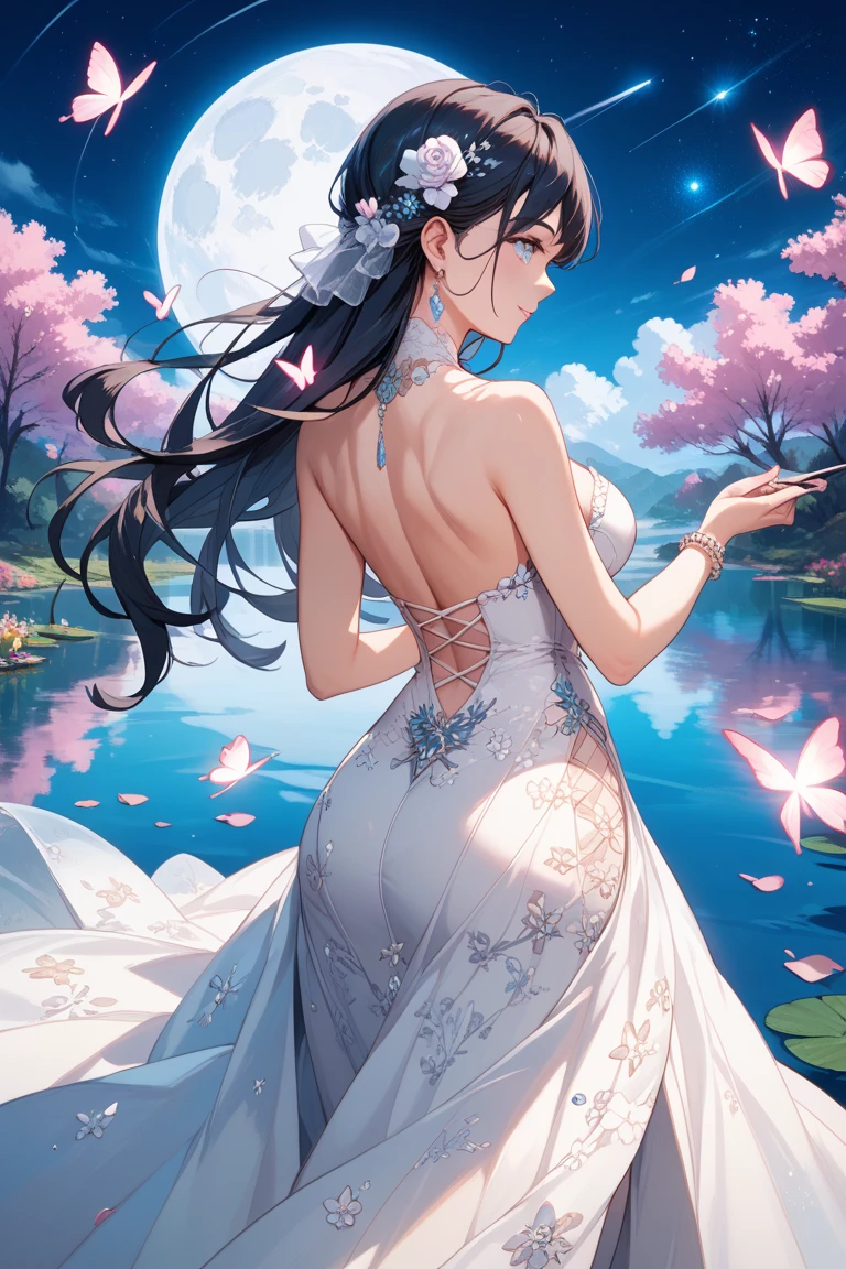 ((top quality)),(ultra high resolution),(Super detailed),(detailed description),((the most picturesque works of art),super precision art,amazing art of depiction,fantasy art:1.5, ((綺麗なflower々:1.3)), (glamorous body:1.5),fancy background effects、masterpiece、fancy details、(NSFW 1.1), ((1 female)), ((muste piece)), ((extremely detailed:1.3)), ((Beautiful woman entering the lake in crystal clear water)), ((beautiful long hair)), wet hair, wearing a transparent dress, Bathing clothed, (水に浮かぶバラのflowerびら:1.5), (early morning light), ivory gold AI, temple, crepuscular lighting, (very huge )、pink nipples、pink areola,Transparent pink areola、((Transparent pure white wedding dress that shows your skin、Detailed design))、Arranged,intimate, rose garden、colorful roses、lake with floating roses、wet body、(頭にflowerの装飾)、大きなflowerいっぱい、solo, water play, flowerいっぱいの髪飾り, flower々, sky porn,Pure white dress that becomes transparent when wet, shines wet with water、(muste piece),(Highly detailed CG Unity 8K wallpaper),best quality,cinematic lighting,detailed background,beautiful detailed eyes,bright pupils, (very delicate and beautiful),(Beautiful and detailed eyes),((muste piece)),(Purple eyes)