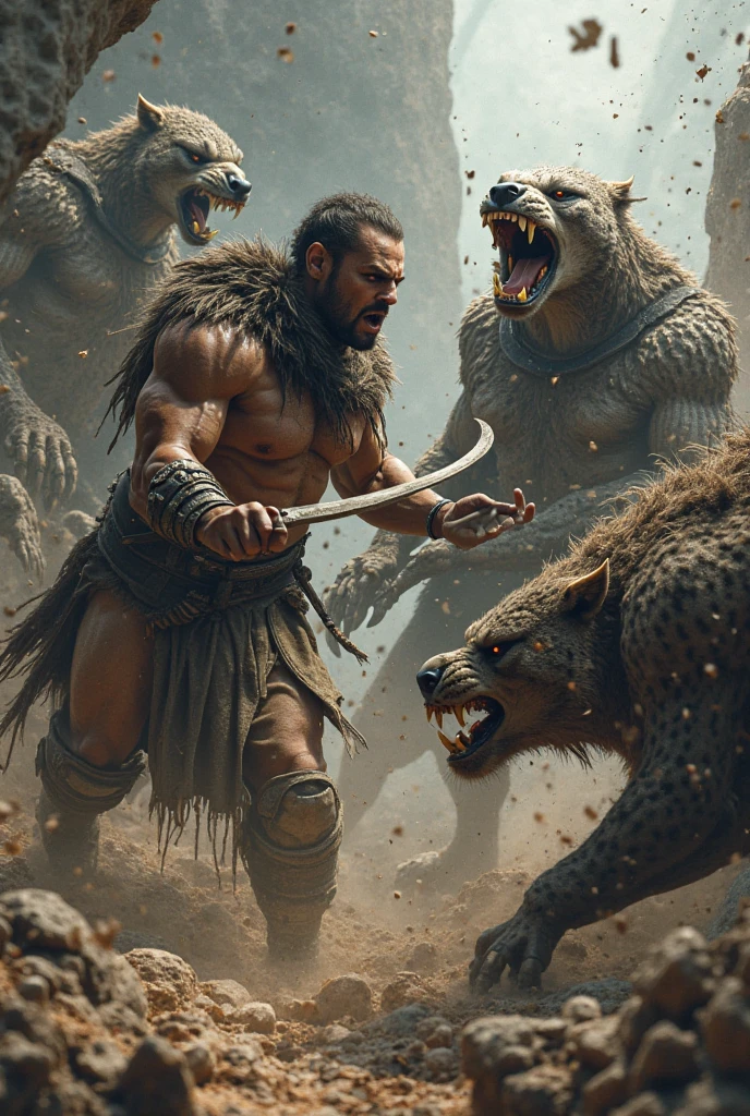 Papua new Guinea, local legend, man fighting Fire breathing huge wild boar in a forest clearing, man is decked in local attire, warrior, defiant against great odds, fierce animal, masterpiece, realistic, dynamic, uhd, 16k