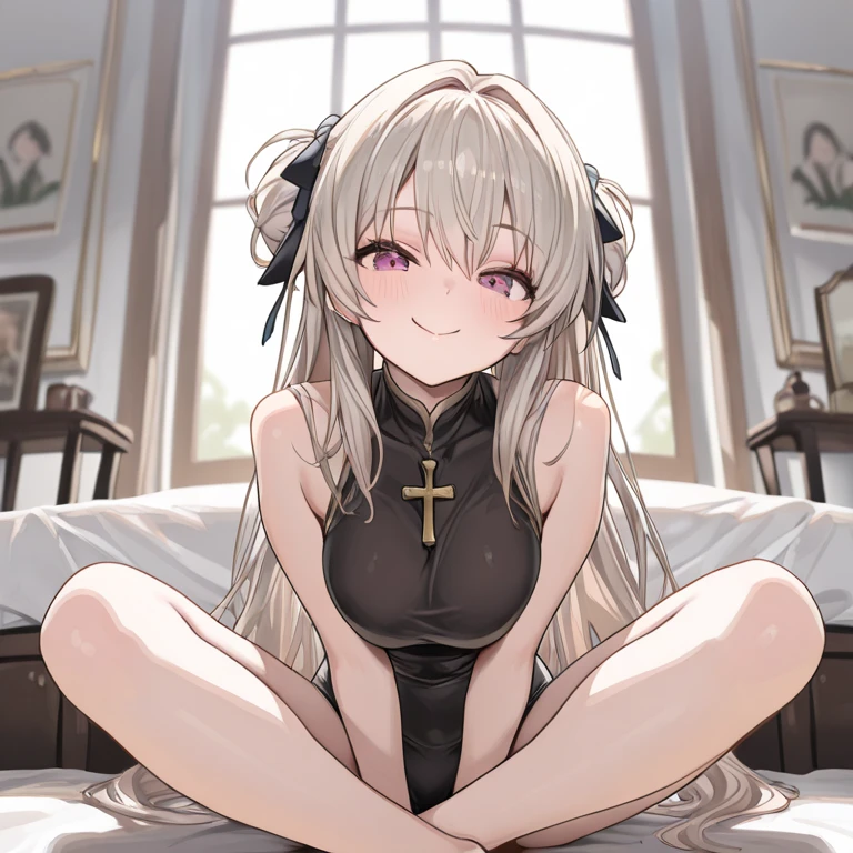 masterpiece, highest quality, Very detailed, 16k, Ultra-high resolution, Cowboy Shot, Detailed face, Perfect Fingers, 20-year-old woman, Golden Eyes, Silver Hair, Shortcuts, Luxurious Western-style building, (naked:1.5), Garden of the mansion, flower bed, smile, squat, Urinating