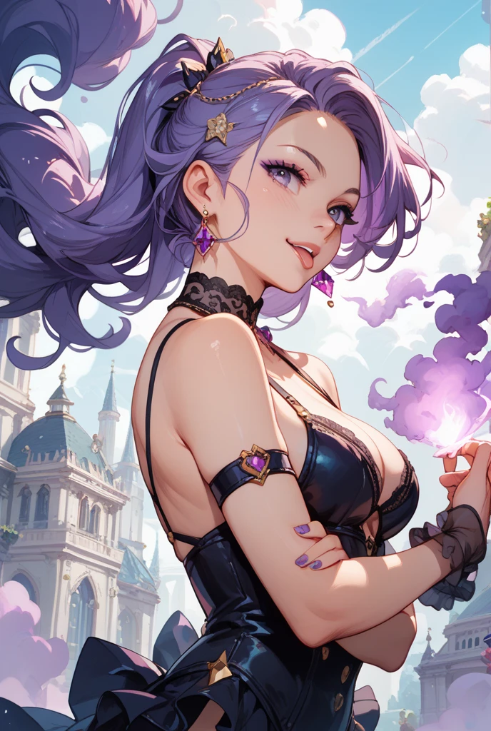 Vampire Queen Combat Dress (Radiant Royal Cloak: 1.2) Black and Purple Color, (extremely delicate beautiful eyes and depression but arrogant eyes), (multicolor, ponytail, iridescent hair, colorful hair, half purple and half pink hair: 1.3), (magical, mythic,fantasy), (Super Model Body Shape, idol, seducing body, attractive, gorgeous, charming, majesty, Sexy Devil aura), Original Character, Masterpiece, Tempting Purple Eyes, Purple Gemstone Accessories, Gold Belt, Gold Necklace, Wind Evil and body floating effect, Soft Moonlight, unique crown, (Corruption Tattoo on 1;1.25), (holding a Giant Scythe 1:1.3), 16k wallpaper style,bare shoulders, cute, petite, solo, stars, stardust, shiny body detailed, killing scenario, legend, horny blush, pink lips, cinematic lighting, full body close-up, scale up, twilight, perfect weapon