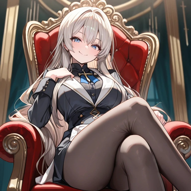 (masterpiece、highest quality、Verbosity: 1.2)、1girl、Sarielx、heterochromia、Braided bangs、dramatic lighting、soft particles、light beam、Mistress、O-ring top、corset、peaked hat、white panties、thigh high boots、grin、blush、upscale、gold trim、curtain、sofa、throne、spread legs、Legs up、sit、big breasts、crop whip、anime、sunshine、(specular lighting:1.4)