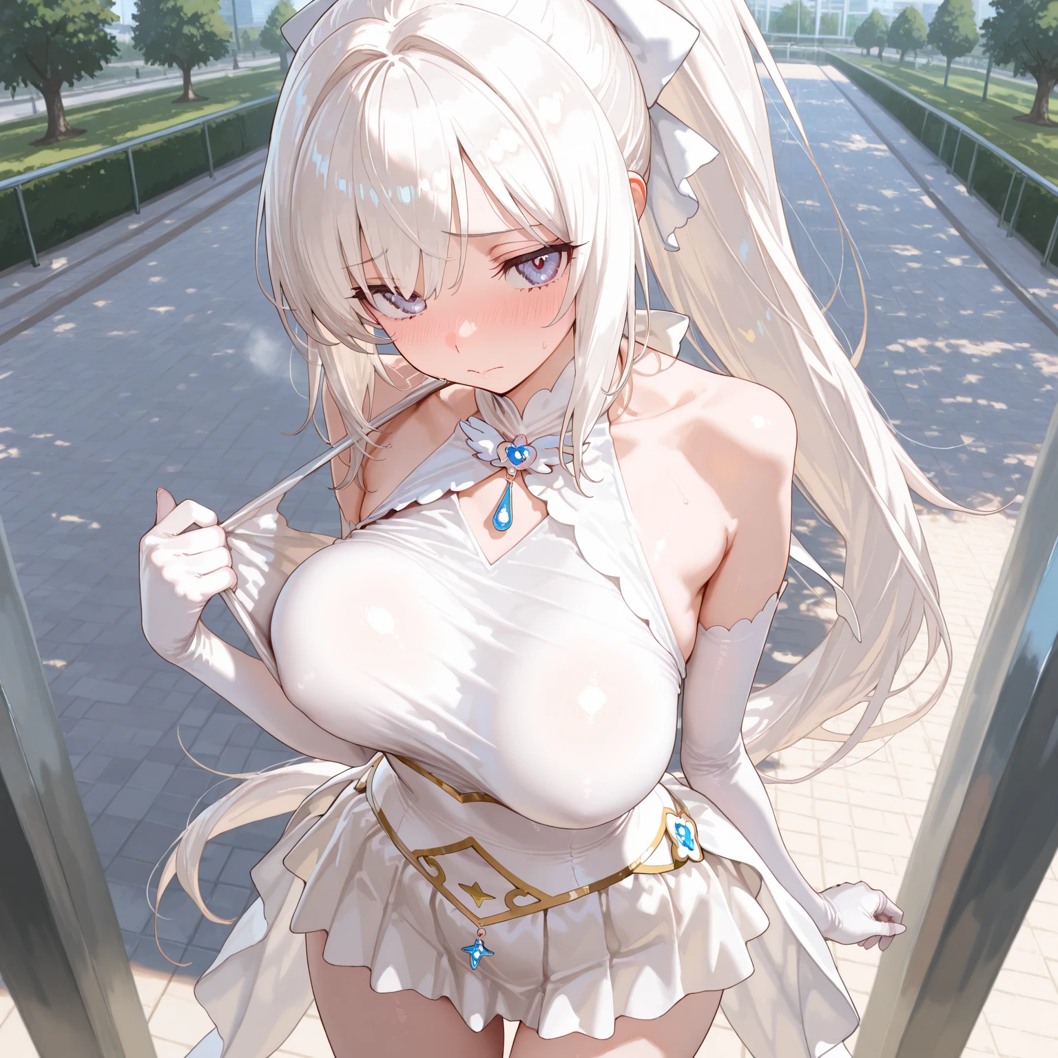 mastute piece,Best Quality,insanely detailed,8k cg,nsfw,
(shoot upper body:1.3),
(1girls:1.3),standing,looking at viewr,body in front,(arms behind back:1.4),(marching band costume:1.4),(bare breasts:1.3),break,
blush,shy,(ecstasy face),(trembling:1.2),break,(light white hair:1.3),
break,
perfect breasts,perfect teats,(open mouth:0.9),(large breasts:1.2),
(city),