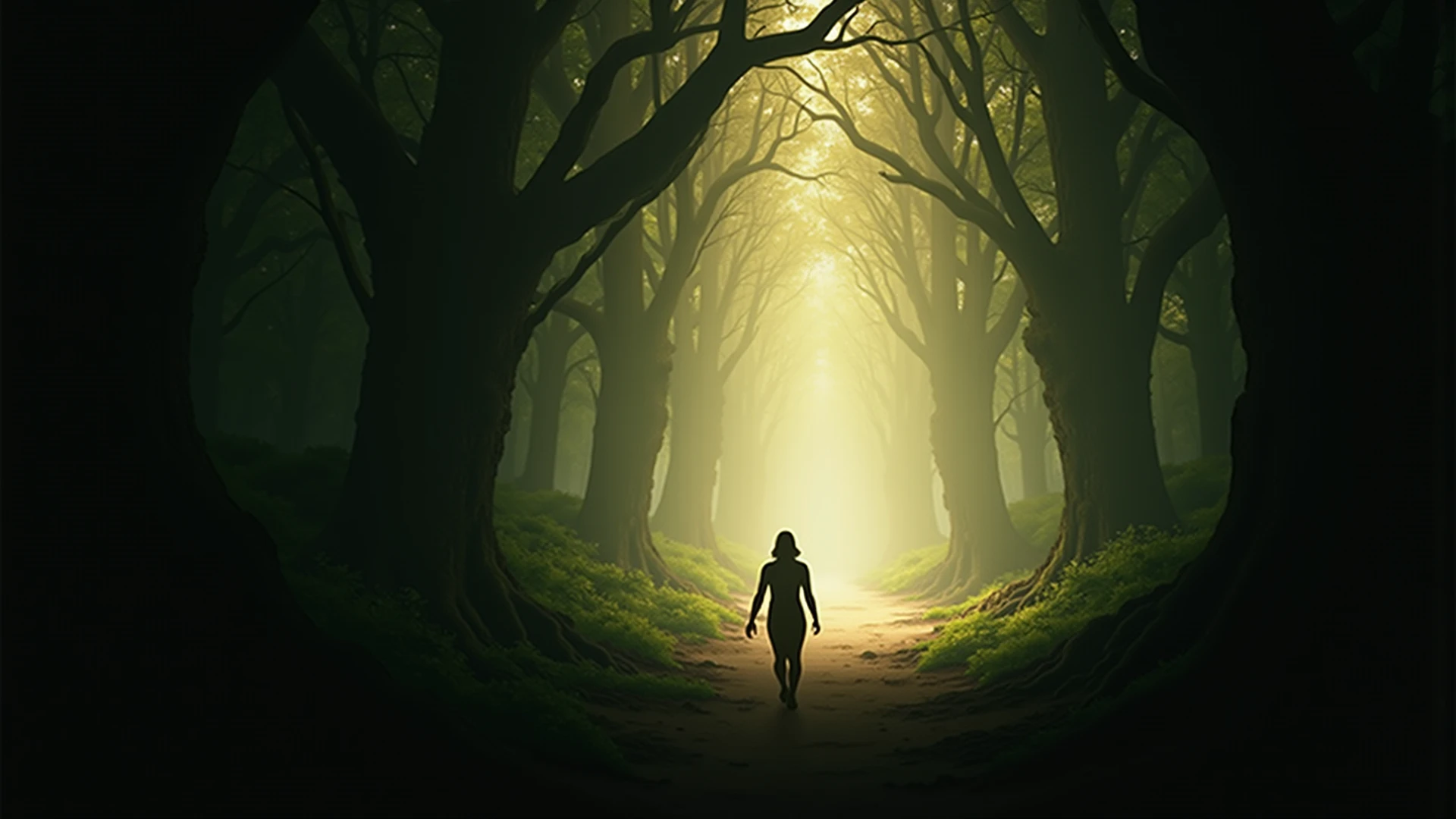 A person walking through a dark forest, with the light of God illuminating their path, showing God’s presence leading them