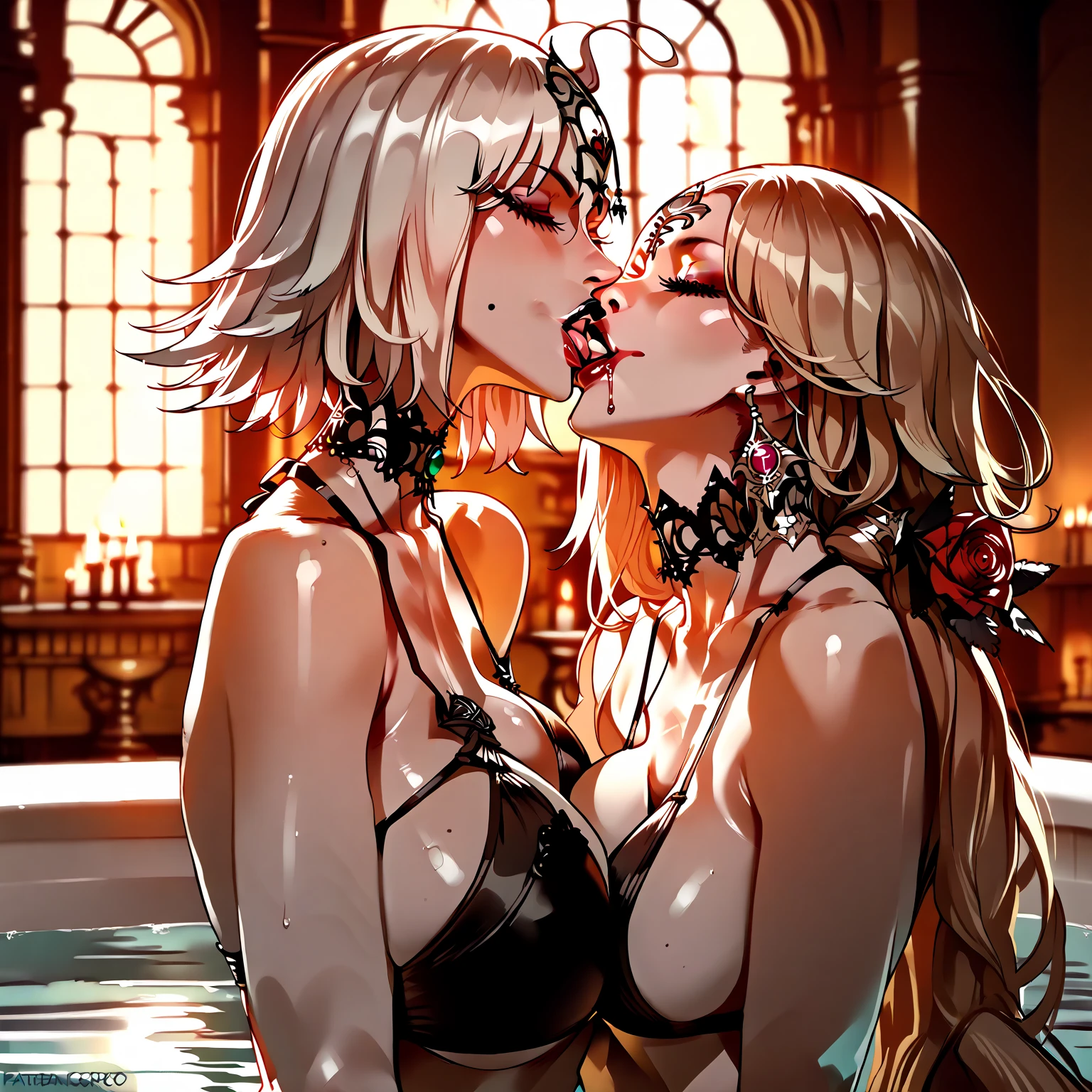 ((best quality)), ((masterpiece)), (detailed), perfect face, Two Women Tied Together, Bound To Chair, Shibari, Blush, Shy Expression, Blindfold, Nude, Dildo, Kissing, Black Ropes, Long BLonde Hair, Sweaty, Wet Body, Blindfold, Arms Bound Behind back, Big Tits,