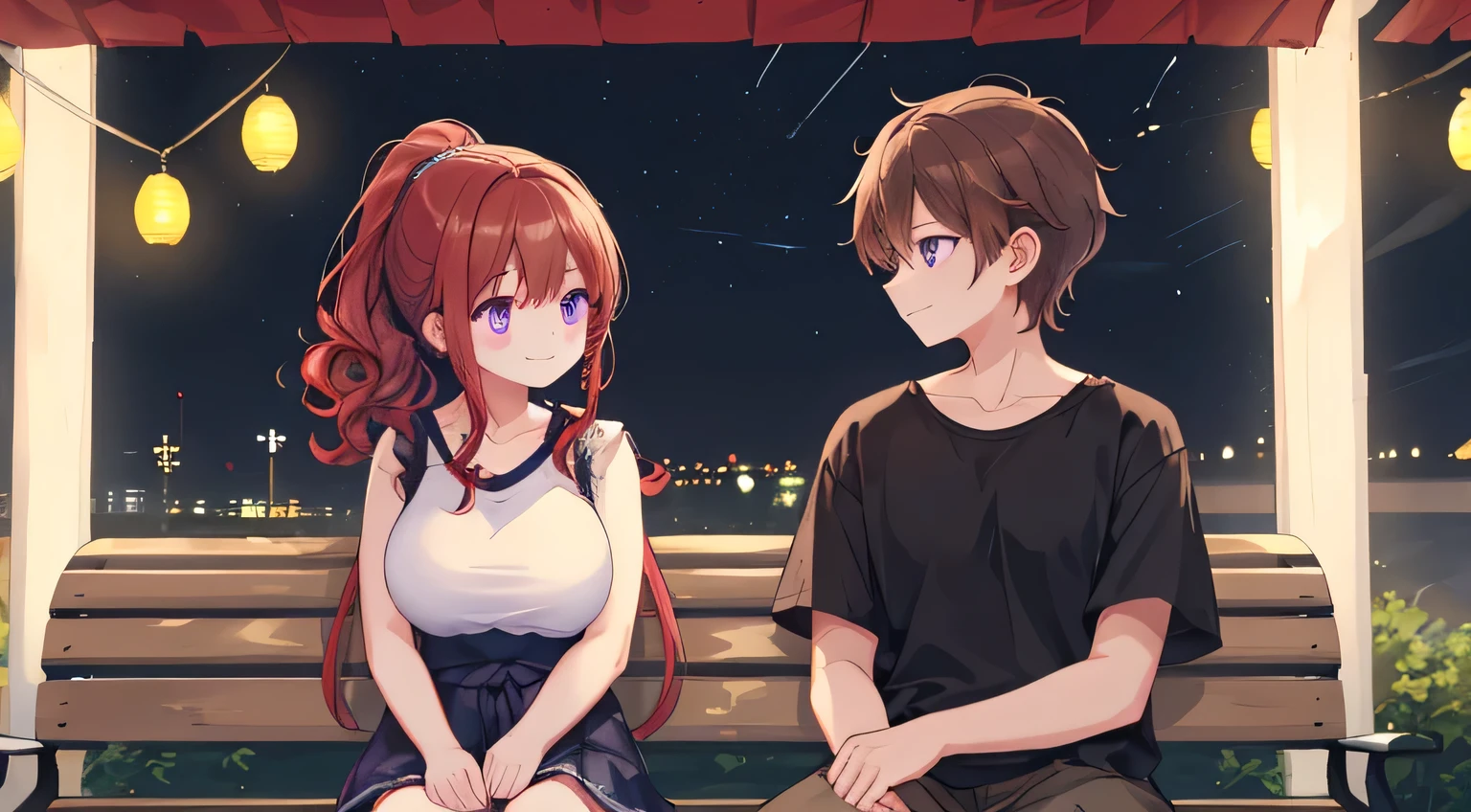 On the way home from the summer festival、man and woman sitting on a bench and chatting。 The girl has red hair、ponytail、purple eyes、big breasts、beautiful、 lori、 wearing a white sleeveless shirt。Men have brown hair、Curly hair、black t-shirt、rough clothes。 the two are slightly shy、at a slightly closer distance、smiling naturally。 A gentle feeling of air at night、the summer festival lights can be seen in the distance。 Soft Night Light 、a quiet romantic scene that makes you feel a moment of youth。