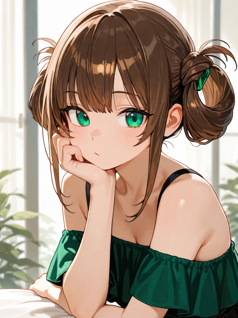 score_9, score_8_up, score_7_up, high resolution, 1girl, looking at viewer, beautiful face, detailed pupils, embarrassed, dark brown hair, low twin braids, long bangs, green eyes, medium breasts, covered nipples, red striped shirt, god rays, argyle background <lora:eroiroe_PonyXL_style_v01:1>