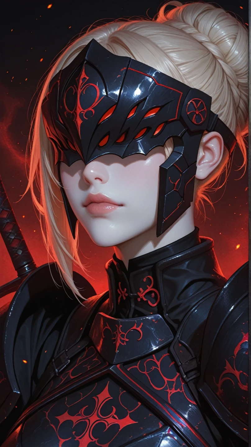 Villain, a post apocalyptic/dystopian paladin,tomboy,woman,skinny,red clothes,red cape,red mask,scarlet spear,fully masked,disfigured, reaper,inspired by the style of Caza, masterfully rendered with exceptional detail and thrilling, vivid colors, and somber lighting.