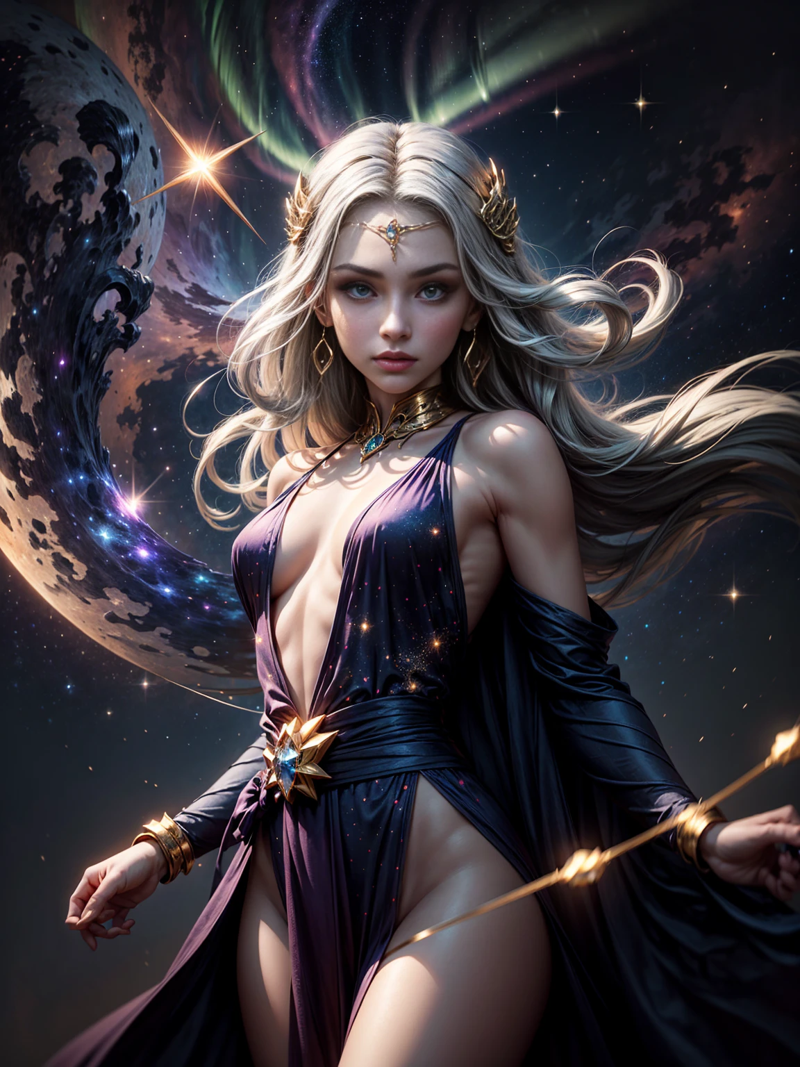 (Galactic Goddess:1.2), (celestial being:1.2), star-filled skin, flowing iridescent hair, ((masterpiece:1.4, best quality)), ((masterpiece, best quality)), (photo realistic:1.4), 1goddess, (divine female figure), ((glowing stars)), swirling nebulae, serene expression, (distant galaxies:1.2), cosmic attire, ((stardust gown, constellation patterns, celestial symbols)), ((floating asteroids:1.2)), shooting stars, radiant auroras, rich colors, deep blues, purples, hints of gold and silver, harmonious composition, magical, otherworldly, cosmic beauty, professional lighting, physically-based rendering, ethereal, majestic, Rich Detail, Perfect Image Quality