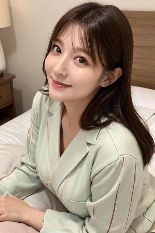 ((8K、ighly detailed、acurate、top-quality、Award-winning、​masterpiece:1.3))、(photorealisim:1.4)、Textured skin、tre anatomically correct、Focus:1.2、1girl in、beauty with perfect body:1.4、pyjamas、Wear pajamas:1.3、A dark-haired、bangss、full body Esbian、Clear face、Delicat eyes、二重まぶた、Whitened skin、photorealisim、on the beds、half smile