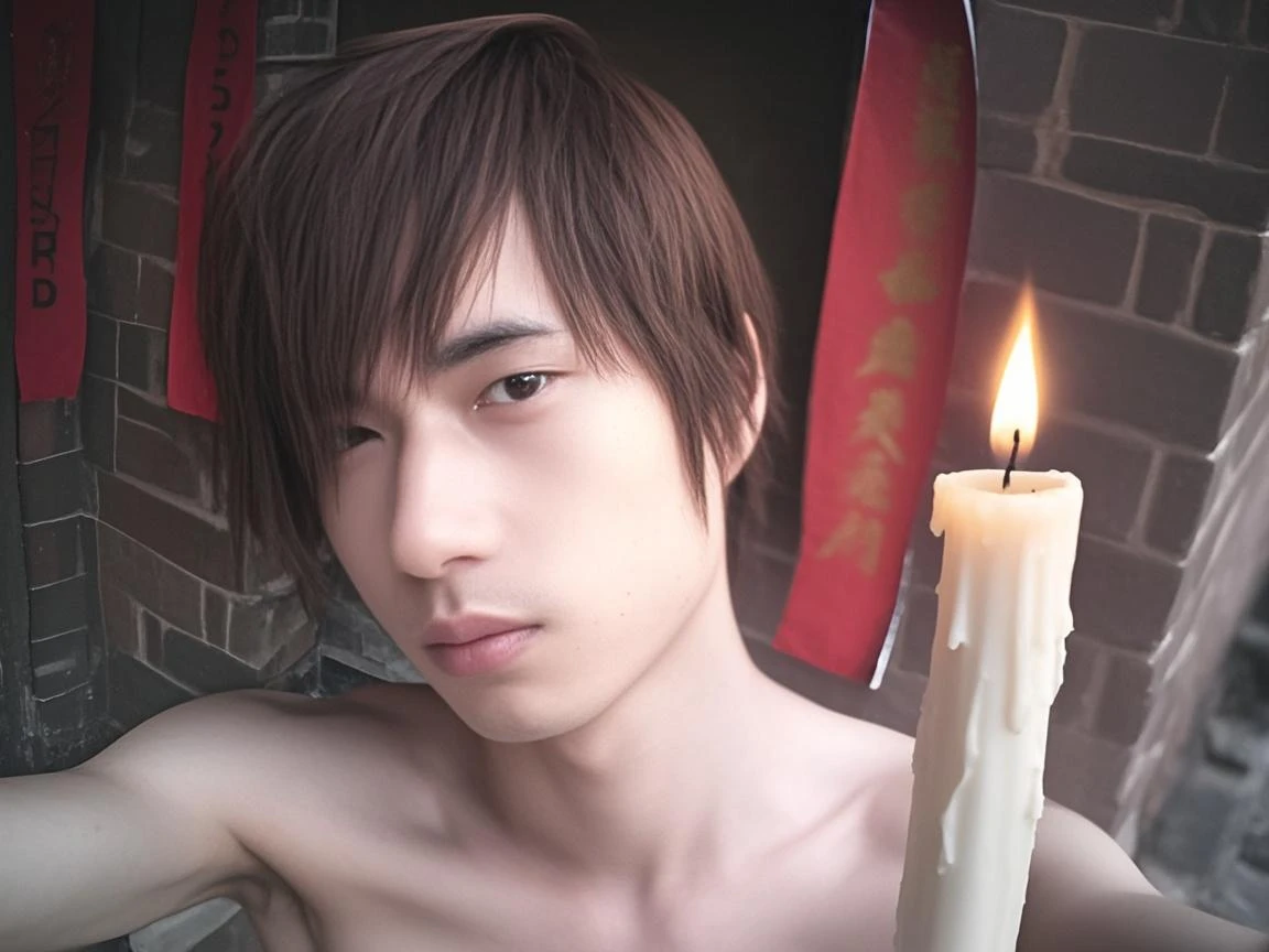 high quality, detailed, 15 years old bulky japanese boy, detailed brown eyes,(abs:1.5), (shiny skin:1.5), (black short hair:1.4,(black tiny thong:1.4), (puffy bulge:1.5), dark cave, (collar), (red candles),