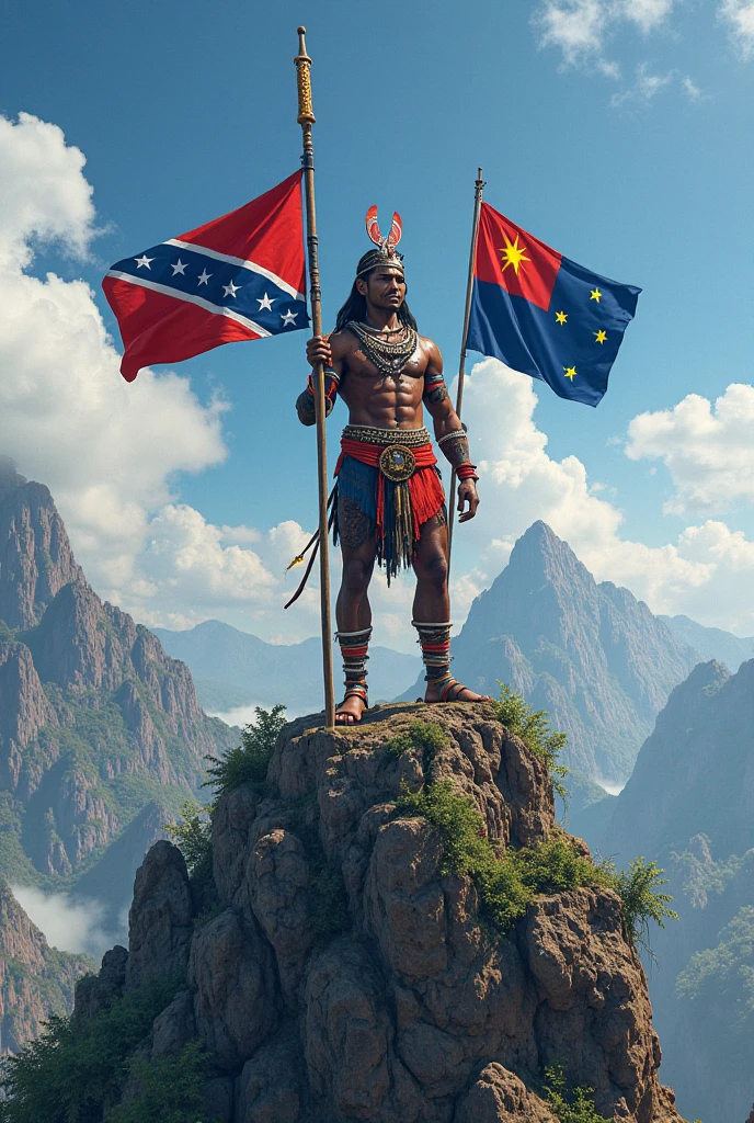 create a logo written village with an indigenous person holding a trophy and a gun with an Argentine flag with a bullet hole behind the indigenous person