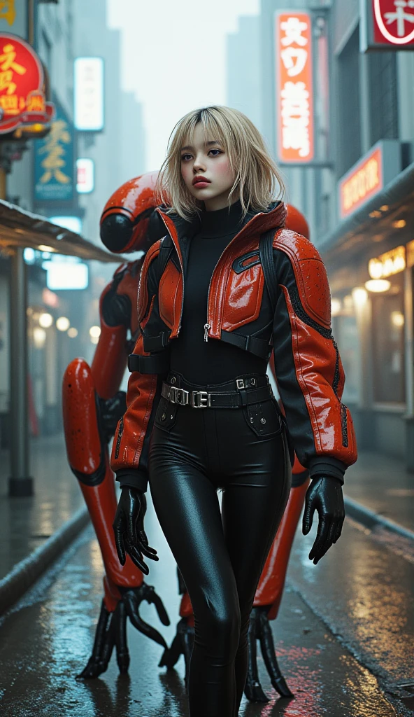 A girl posing in front of a deserted wasteland:1.3. she is wearing dust, colorful outfits with a futuristic, cyberpunk aesthetic. The overall mood is playful and energetic. Silver boots, light brown twirl hair, jean Paul Gaultier, clut studio, the themed color is black and red maroon