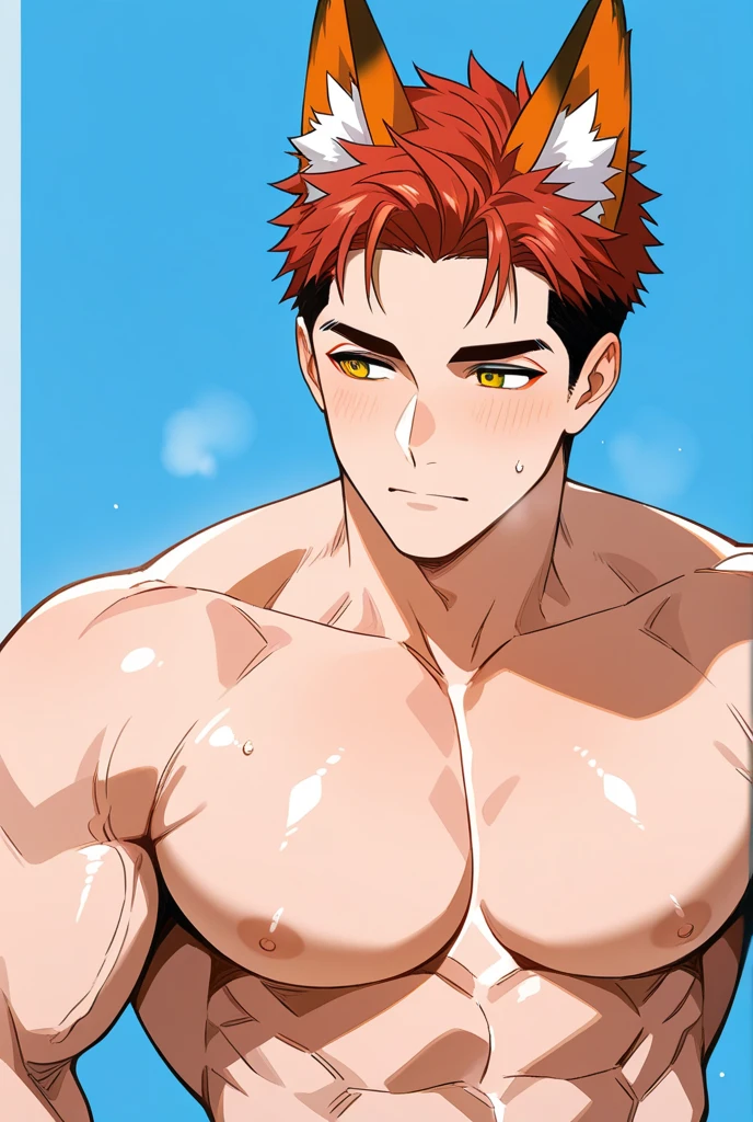 Highest quality、(muscular male:1.5)、(father:0.5)、4boys、Short Hair、Sports haircut、short hair、Blonde、Gray Hair、Black Hair、Red hair、Applying sunscreen at the beach、Excited、Midsummer、Swimwear、nipple piercing、tattoo on chest、(sweat:1.3)、steam、ass pov