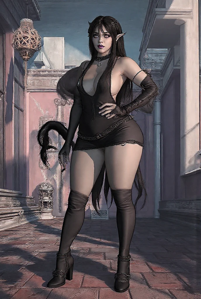 UHD 8k, HDR+, cute Black anthro female horse with a necklace, large piercing brown eyes, huge earrings, giant earrings, Black with pigtails, fluffy horse with a Black fluffy tail, Black leather high heel shoes, High heels, Black gothic dress, Against the background of the field, detailed background, realistic, 1girl, solo girl, 20 year old girl, ultra realistic face, hyperrealistic, hyperdetailed, (looking at viewers), sharpen, detailed face, detailed eyes, detailed lips, red lips, beautiful face, 16k, FHD, raw photo, cute face mesh, pretty face mesh, portrait shot 8