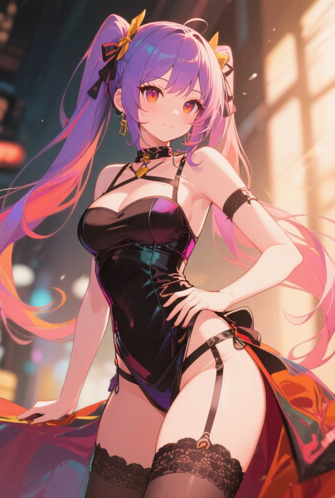 (Highest quality)), ((masterpiece)), (detailed), purple hair, pink eyes , a girl ,cross necklace ,tattoos, blunt bangs , longhair, from the chest up, black one-piece dress, smile, twin tails , yang, bust shot