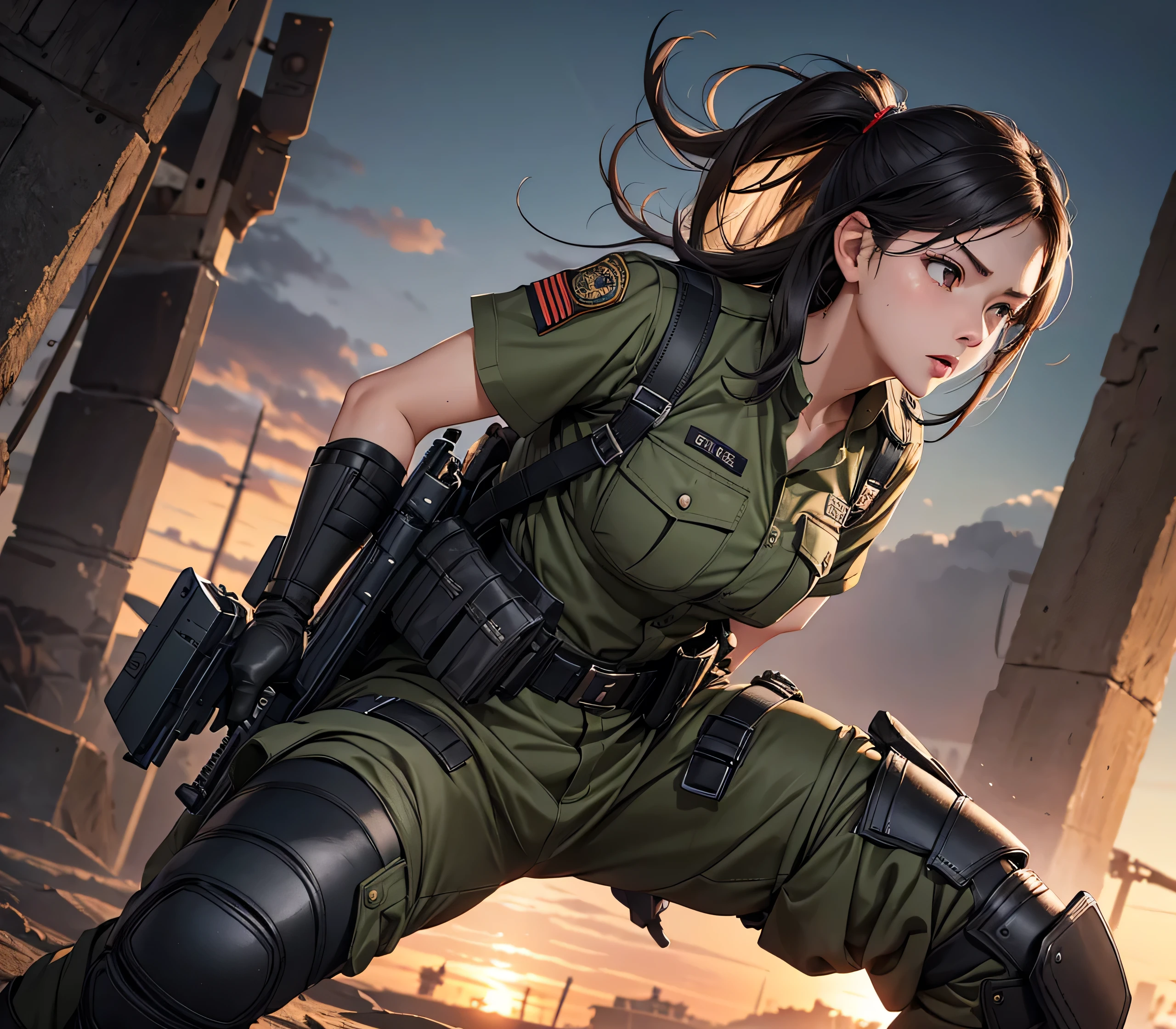 survival game、Heavy Armored Soldier、survival gameのフィールド、A beautiful girl is holding a firearm、head to waste、Vulcan cannon、m134 milligun、Material Rifle、heavy machine gun、