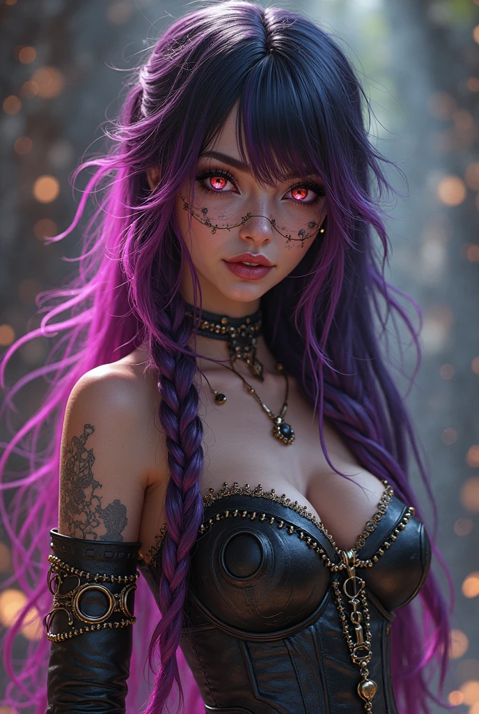 A psychedelic female vampire's head made up for Day of the Dead, it's very colorful and detailed and textured. the colors are psychedelic and flashy. the background is blurred as if there was digital interference