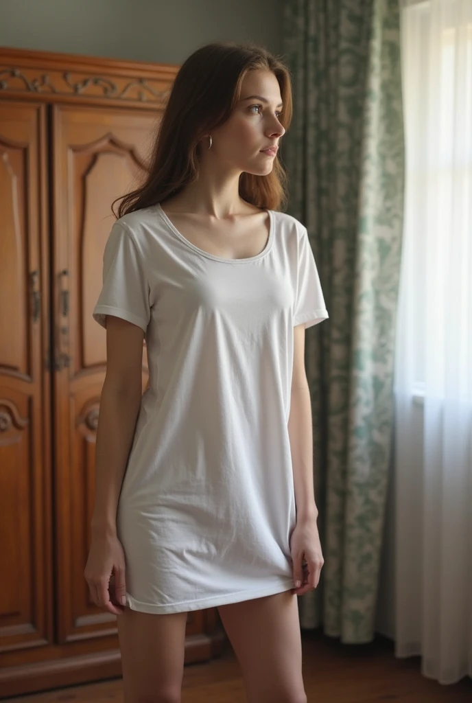 girl with a bob in a white nightie