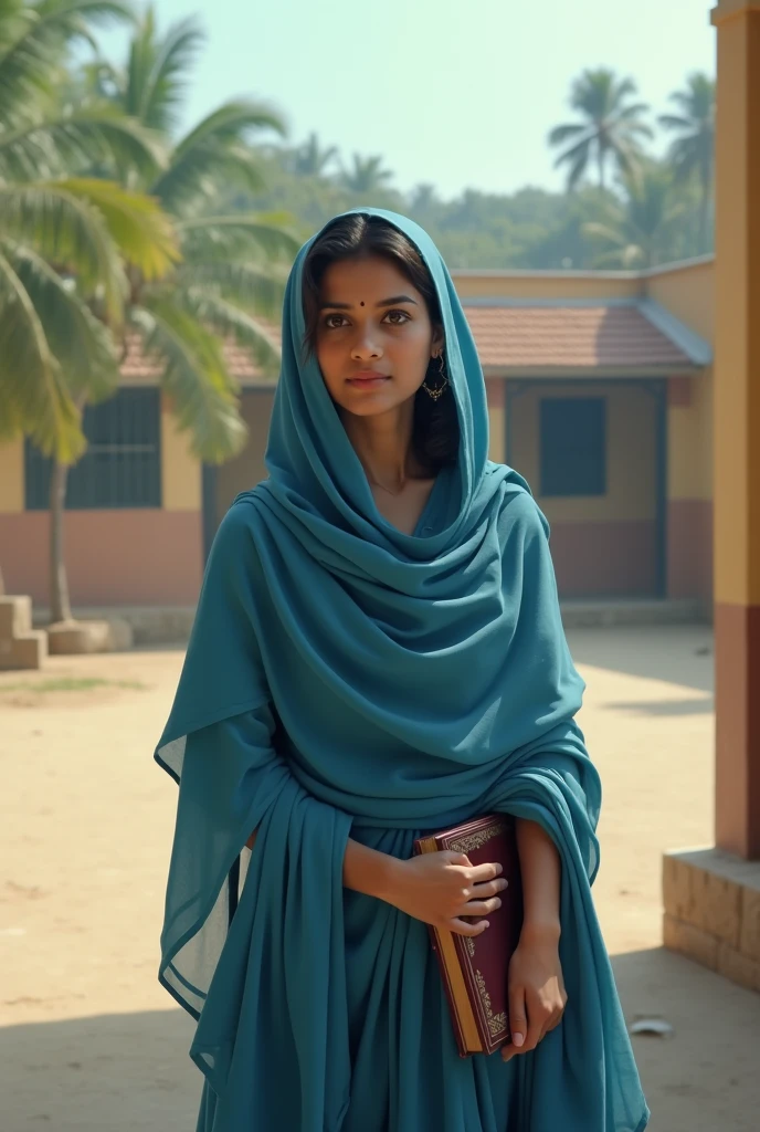 Generate an image of a determined woman, aged 32, standing in an Indian rural village setting. She is a strategist and silent leader with a sharp intellect, planning resistance against a powerful adversary. Her modest attire reflects her solidarity with the villagers she leads. Her eyes show steely determination, and a hint of a warm smile suggests her unwavering belief in their cause. She is the embodiment of quiet strength, leading through actions rather than words. The rural courtroom setting features dirty blue and white walls, high barred windows, a judge's table with a chipped gavel and dusty files, wooden cabinets, mismatched chairs, a creaking fan, and crooked photos of freedom fighters. The floor is simple off-white tiles.
