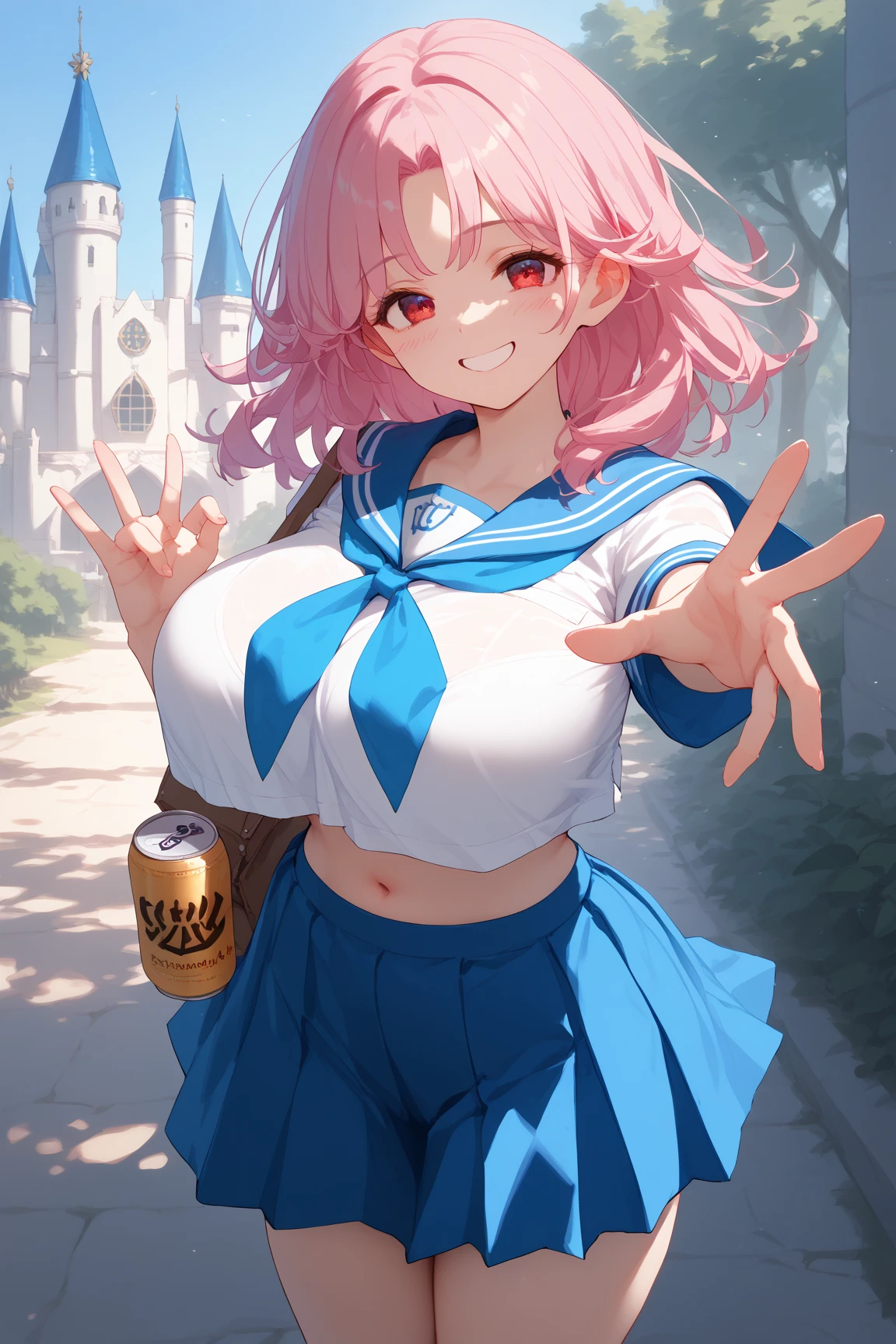 Erotic Anime Illustration、Highest image quality、A voluptuous dark-skinned high school girl who seduces people in a shopping district.、sailor suit、perfect proportions、Overwhelmingly huge breasts beyond the norm、thick legs with fat、cowboy shot、blush and laugh、spread legs、Ahegao