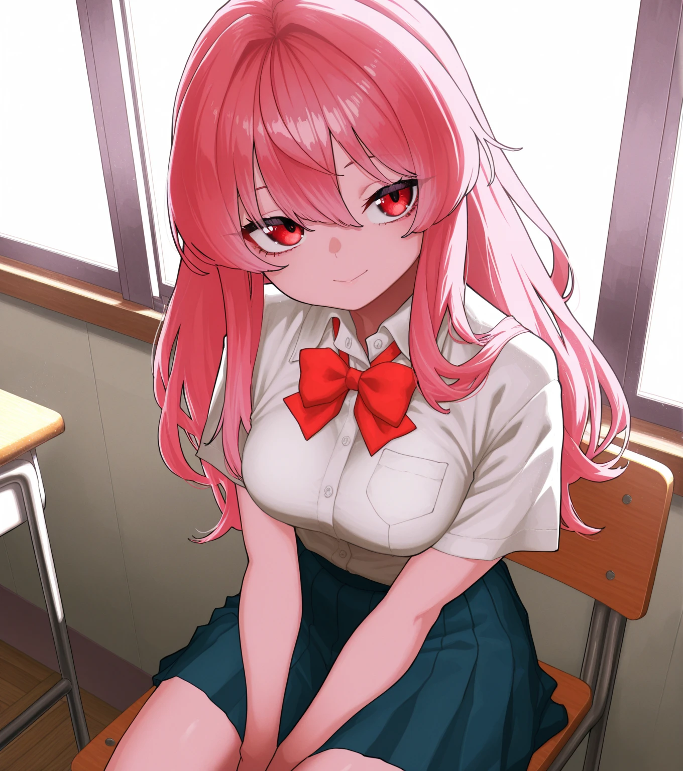 masterpiece, best quality, ayasakiremi, red eyes, twintails, open mouth, upper teeth, uniform, school, high school girl, bare legs, sitting on desk, black skirt, red hair, happy, 1girl, smile,
