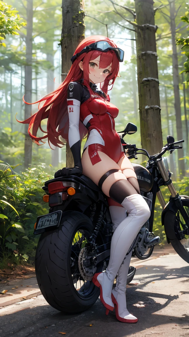 1woman, ((standing behind a moto GP)), standing with legs apart, high heels, (huge motor:1.1), (red motorcycle:1.3), (big wheels:1.1), (big moto:1.4), from behind, nipple slip,(realistic:1.5),photorealistic, octane render,hyperrealistic, wide hips,huge thighs,white legwear,(photorealistic face:1.2),collar,(small breasts:1.1),thick eyelashes,long eyelashes,(twin tails:1.1),(redhead:1.1),hair ribbon,arm straps,choker,(white lingerie:1.3),best quality, nsfw,cameltoe,streaked hair, half smile, (victory sign), (looking at viewer),sharp focus, (4k),(Masterpiece), (Best Quality), fantasy, extremely detailed, intricate, hyper detailed, (perfect face), illustration,soft lighting,(specular lighting:1.4),blue eyes,absurdly