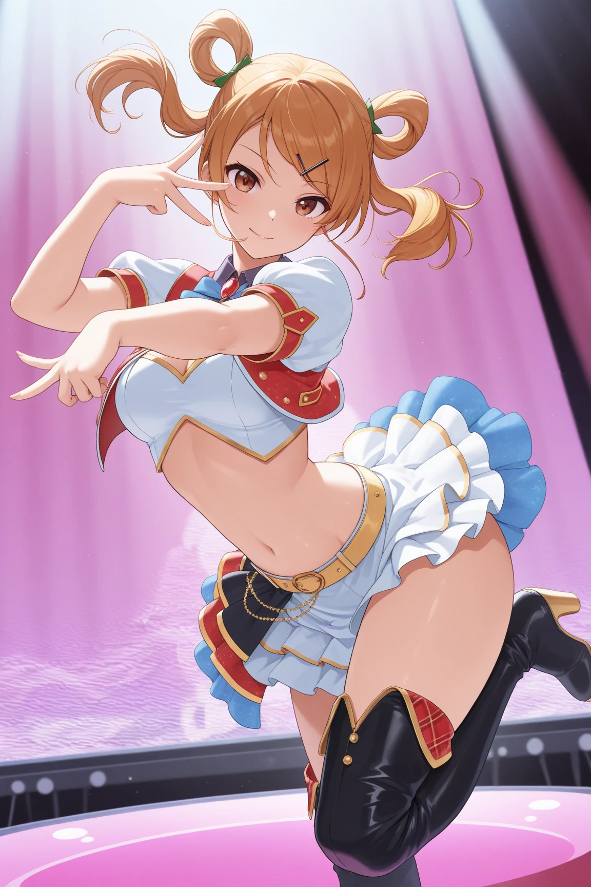 (((Pixel Perfect, Perfect in every detail))),(((Diameter-downward view of skirt,))), alone, One girl, Honoka Kosaka, (m's アイドルドレス), View your viewers, smile, m's,lovelive!stage, sing, (Lifted Skirt 1.3), (Detailed Panties 1.3), (White Panties: 1.3), (Frilled Panties: 1.3),(Panty shot), (Cute Panties), (Low - Angle) ,Blue eyes,orange hair,one side ponytail,short hair,